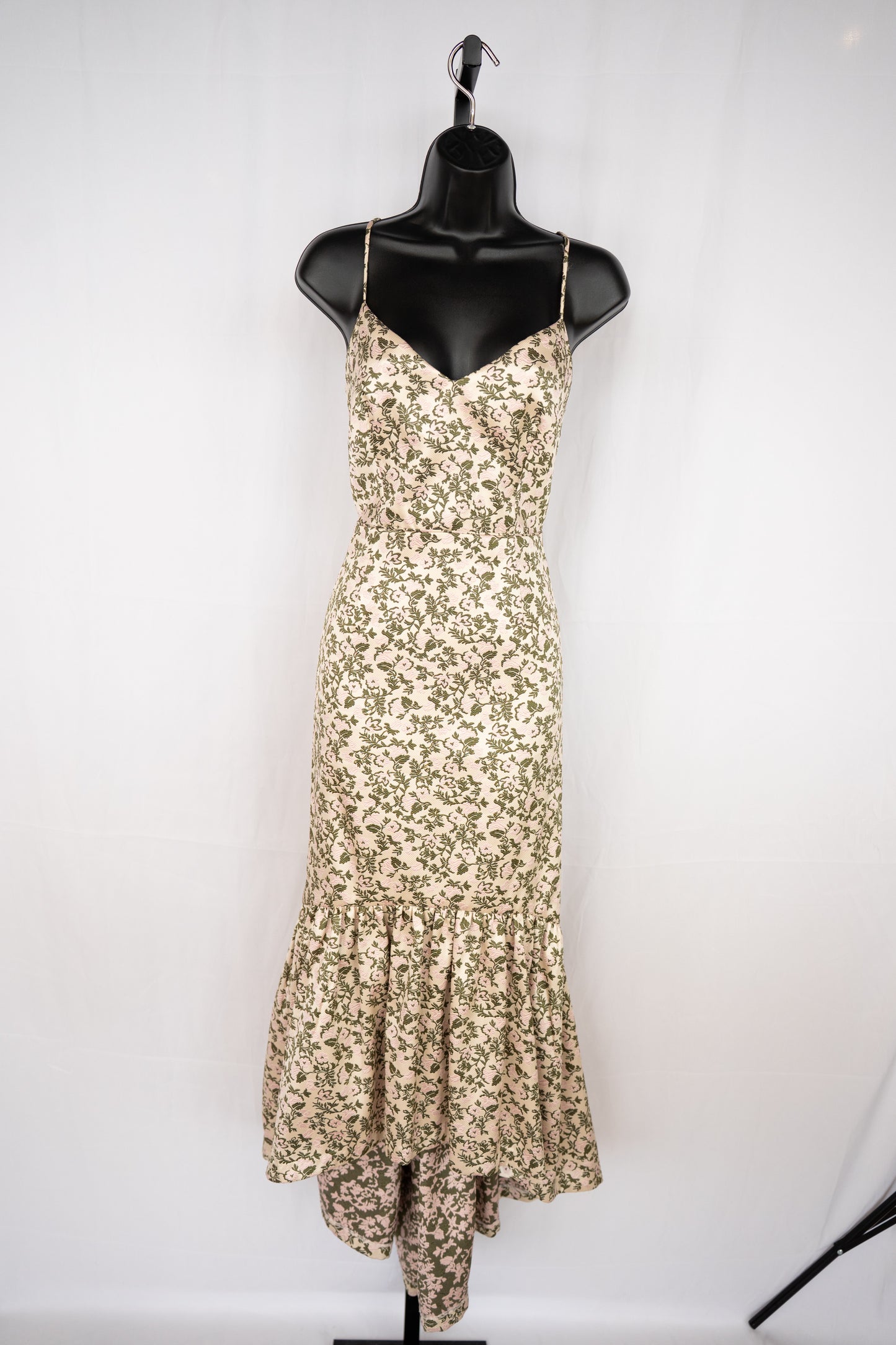 Jill Stuart Cream Green Leaf/Pink Flower Floral Sleeveless V-Neck Ruffle Hem Midi Dress