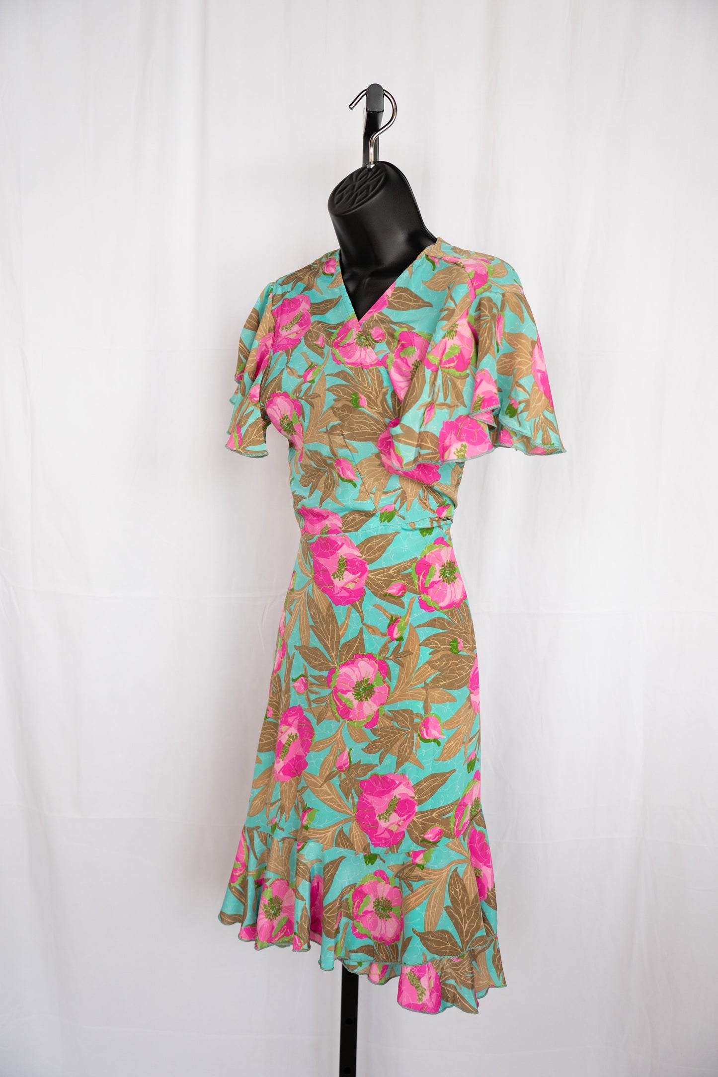 Cienna Silk Turquoise & Pink Short Ruffle Sleeve Tie-Waist Knee-Length Dress