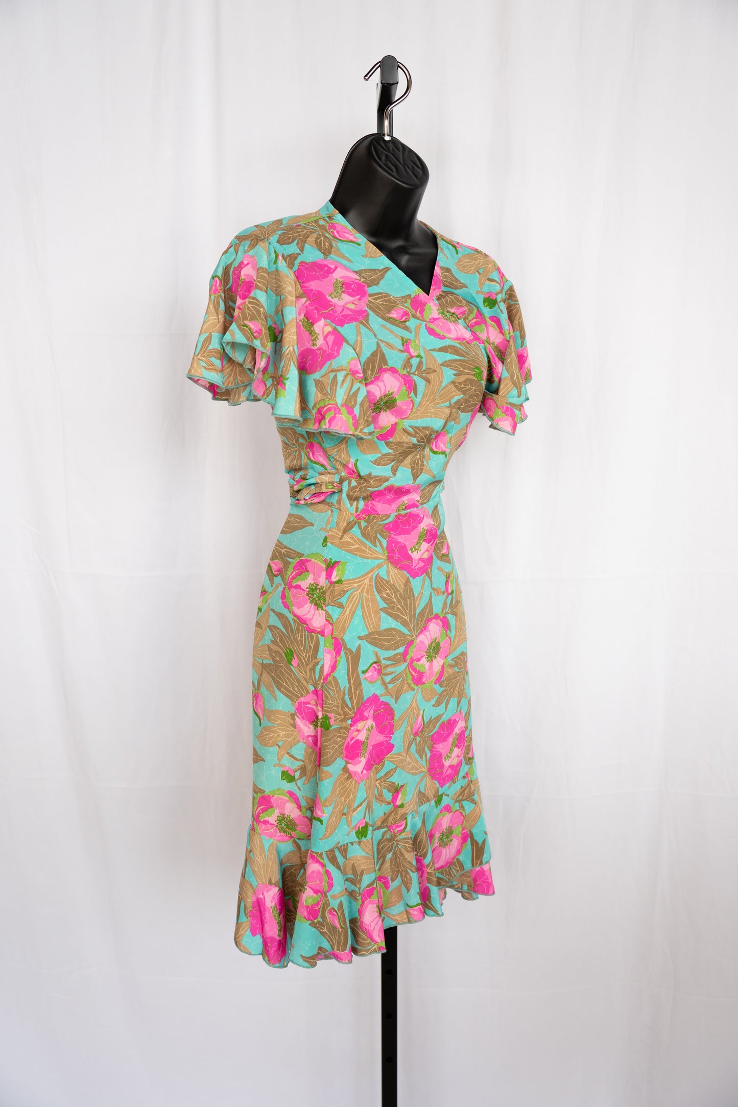 Cienna Silk Turquoise & Pink Short Ruffle Sleeve Tie-Waist Knee-Length Dress