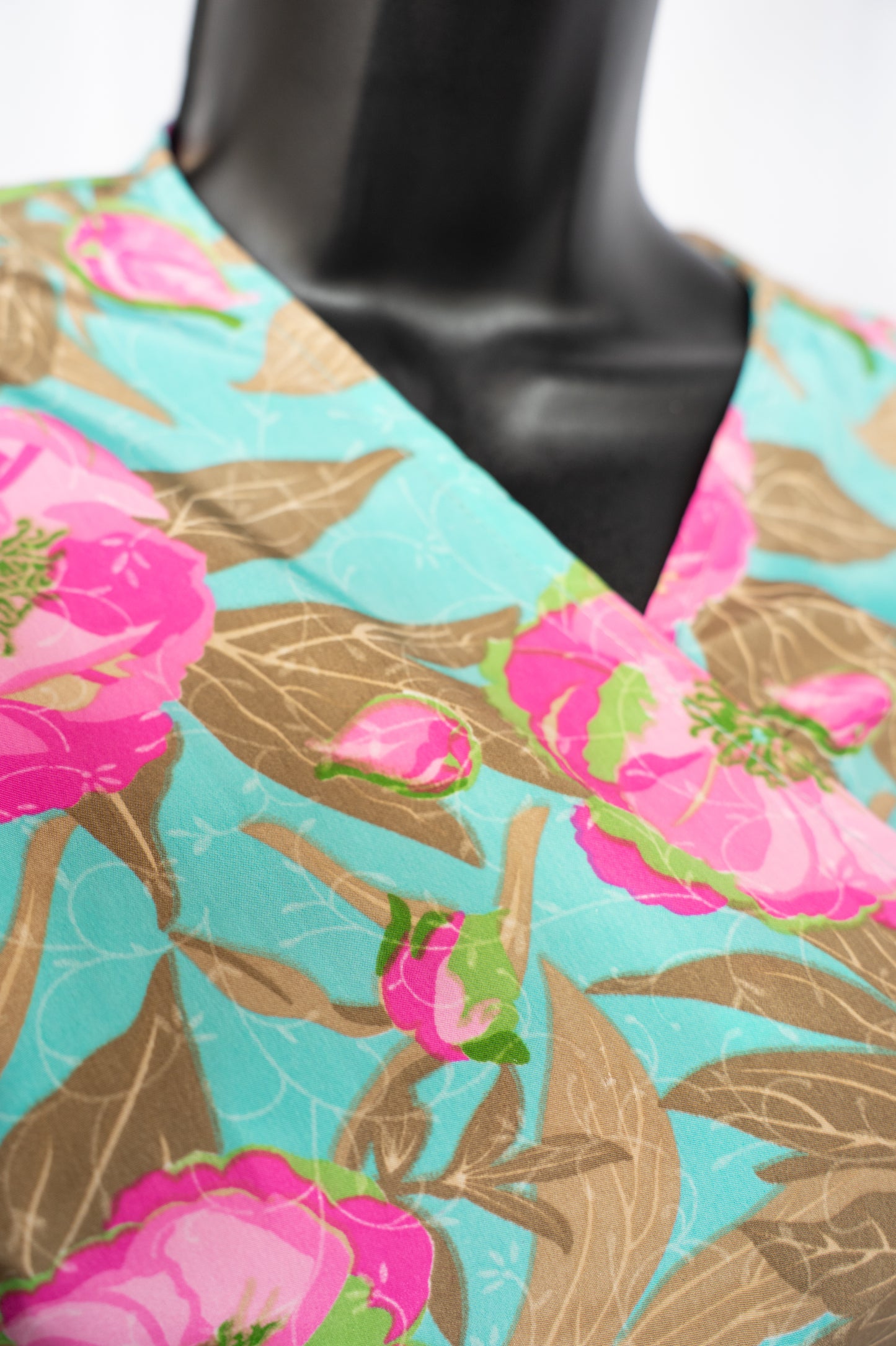Cienna Silk Turquoise & Pink Short Ruffle Sleeve Tie-Waist Knee-Length Dress