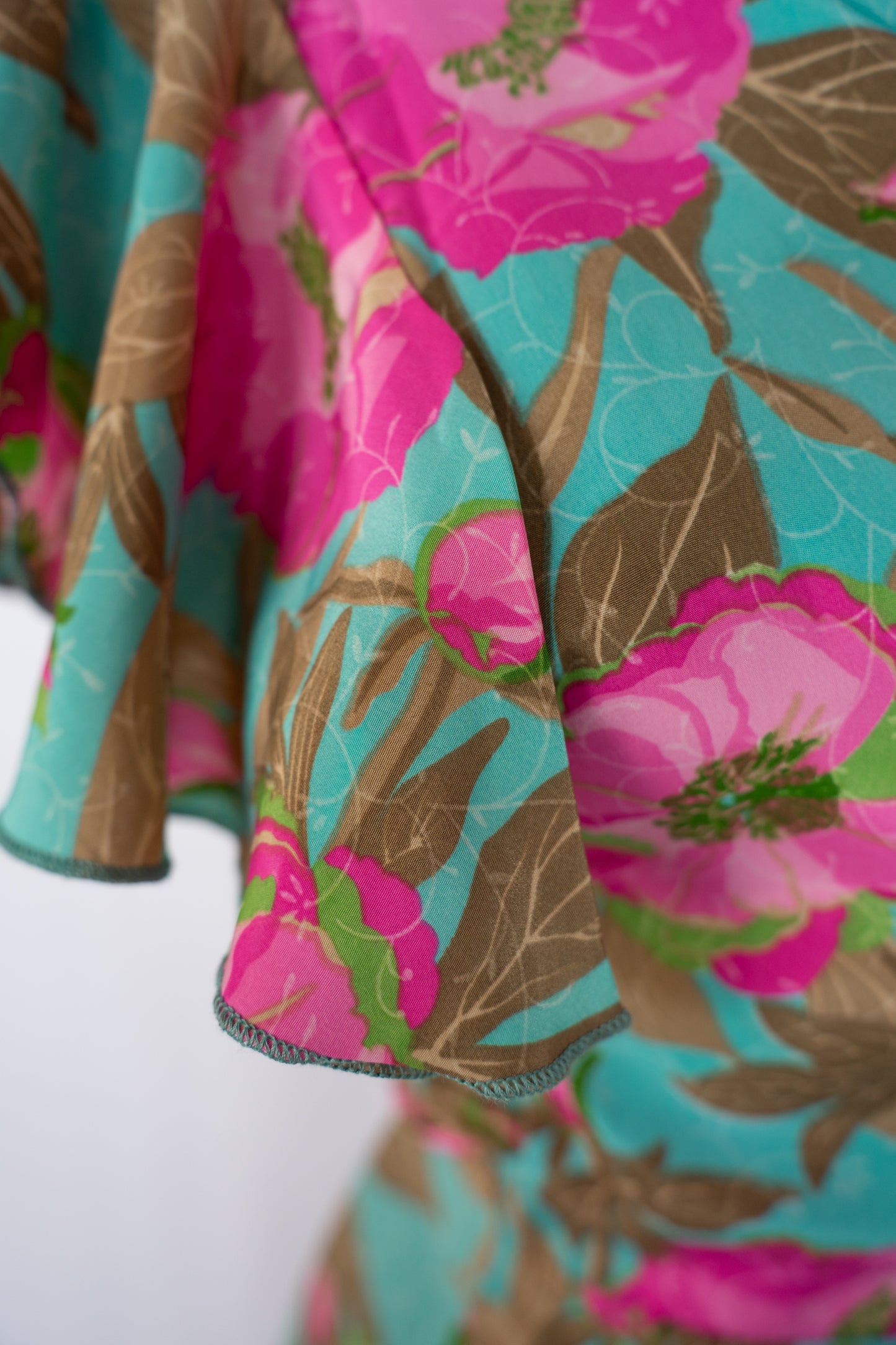 Cienna Silk Turquoise & Pink Short Ruffle Sleeve Tie-Waist Knee-Length Dress