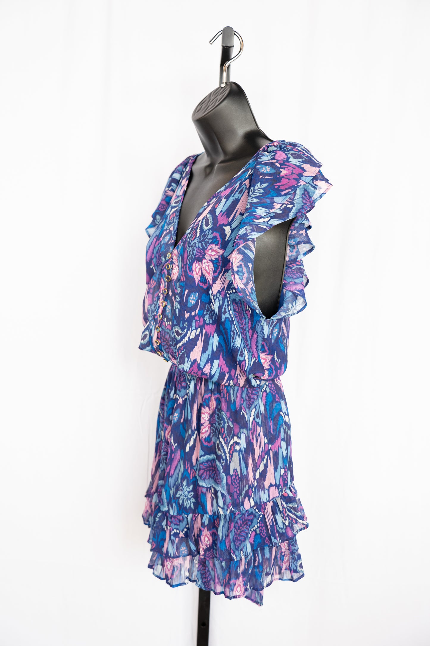 Ramy Brook Blue Purple Pink Print Cap Flutter Sleeve Smocked Button Knee-Length Dress