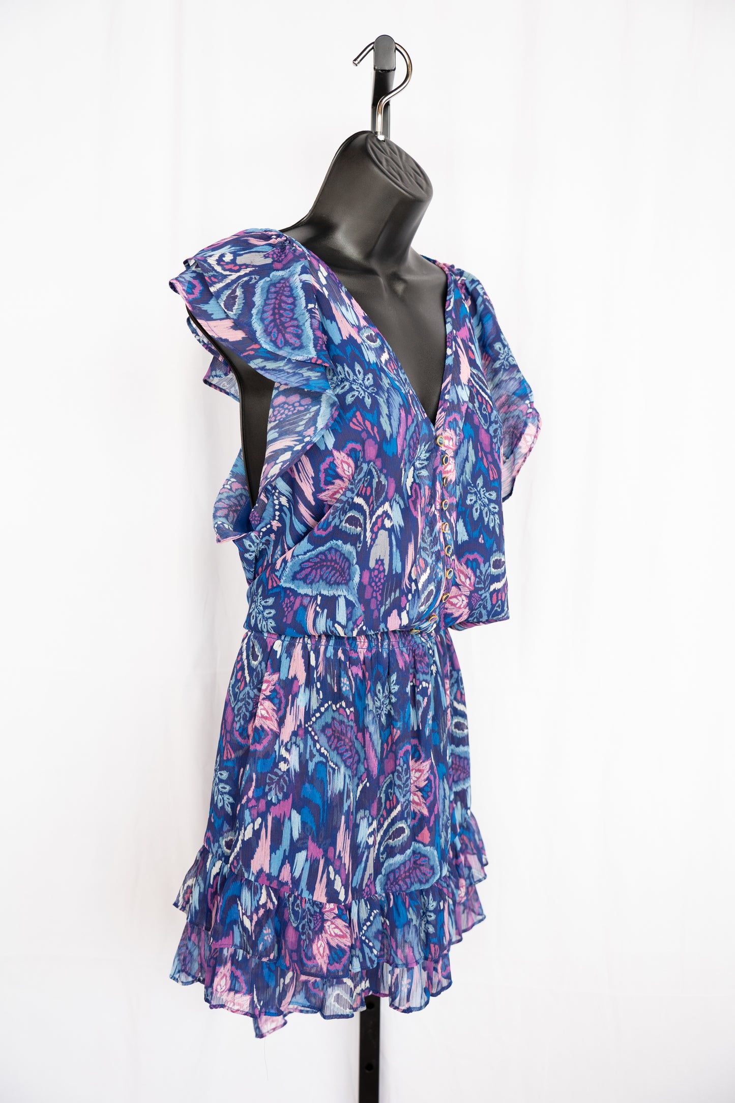 Ramy Brook Blue Purple Pink Print Cap Flutter Sleeve Smocked Button Knee-Length Dress