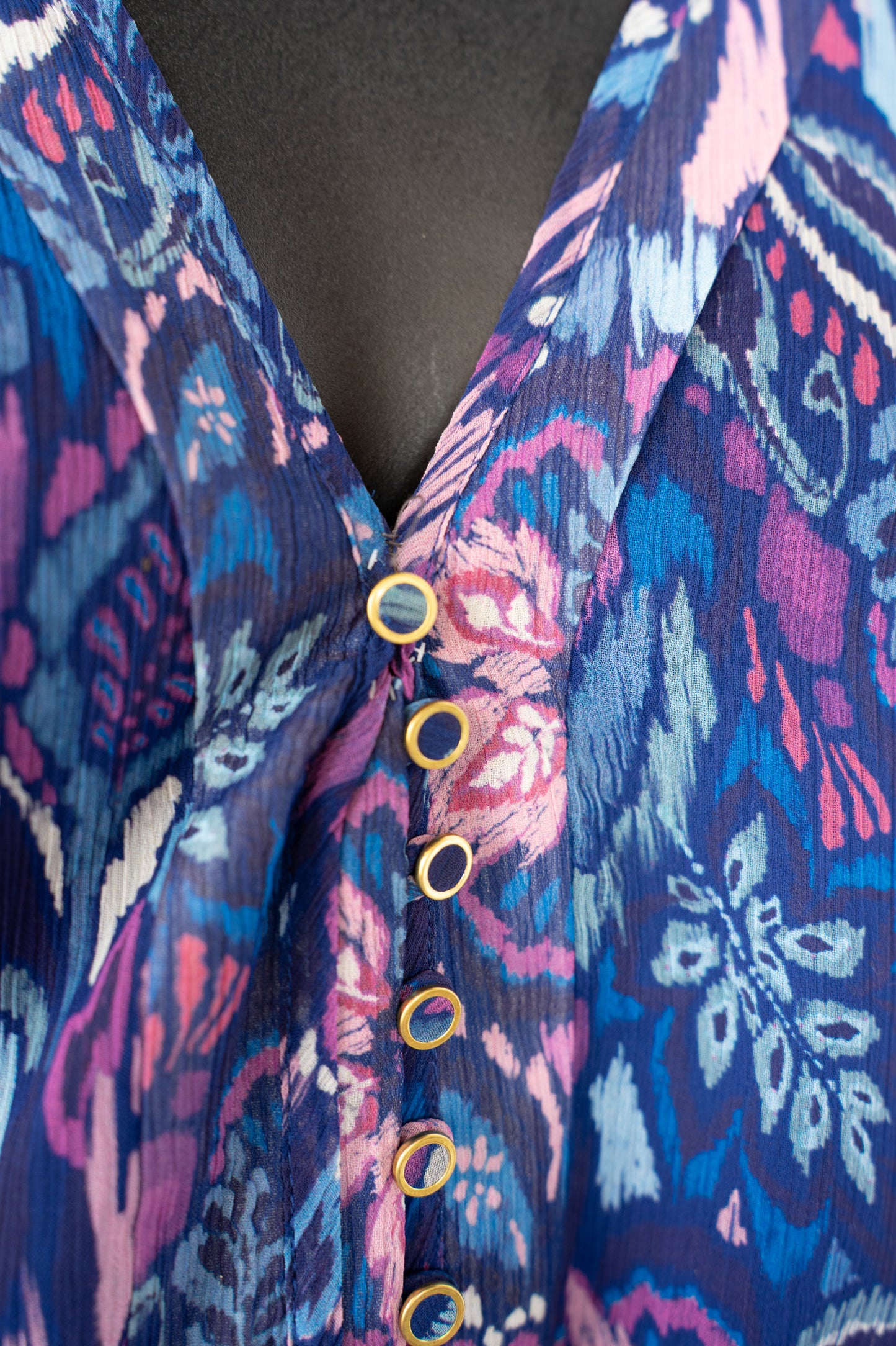 Ramy Brook Blue Purple Pink Print Cap Flutter Sleeve Smocked Button Knee-Length Dress