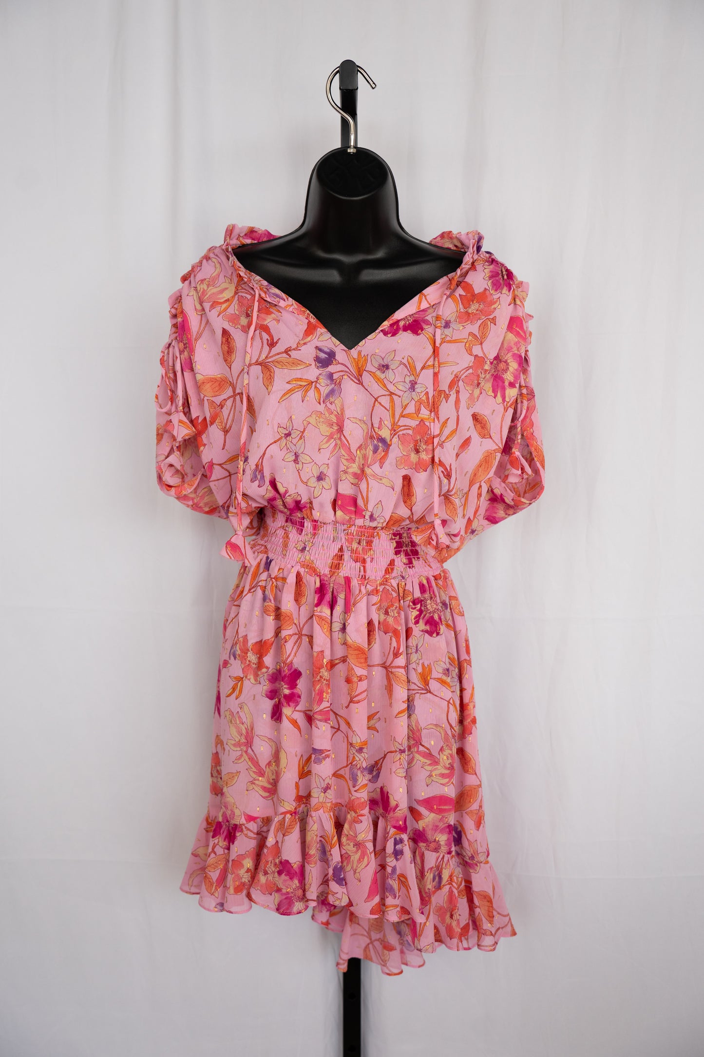 Misa Pink & Orange Floral Cap Sleeve w Ties Smocked Waist Mini Dress w Tie-Neck NWT