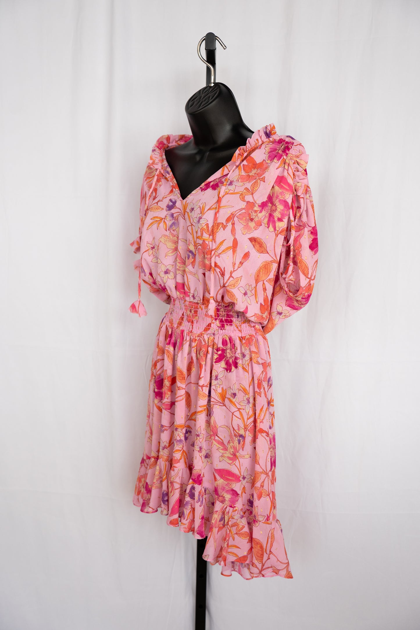 Misa Pink & Orange Floral Cap Sleeve w Ties Smocked Waist Mini Dress w Tie-Neck NWT