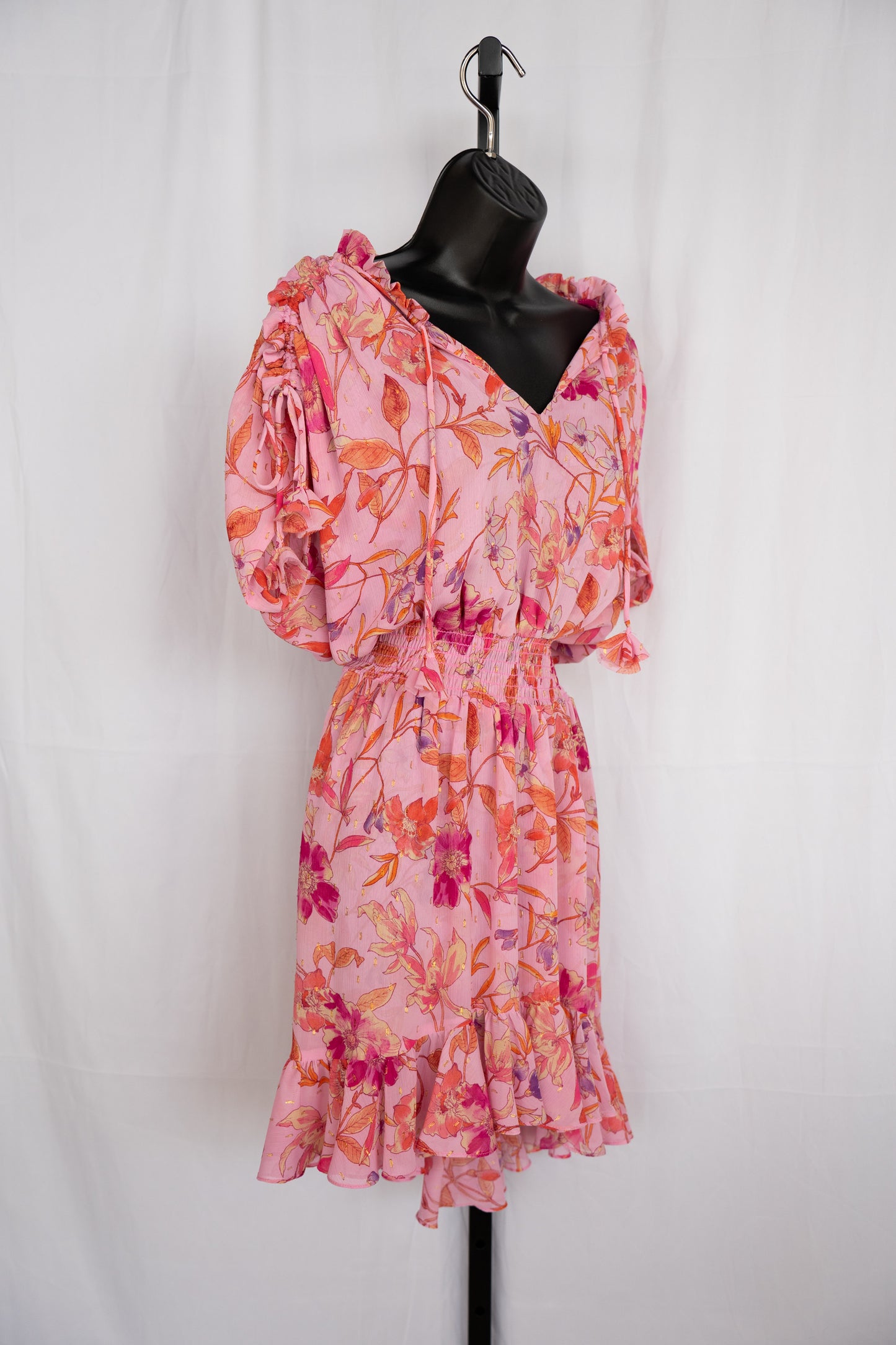 Misa Pink & Orange Floral Cap Sleeve w Ties Smocked Waist Mini Dress w Tie-Neck NWT