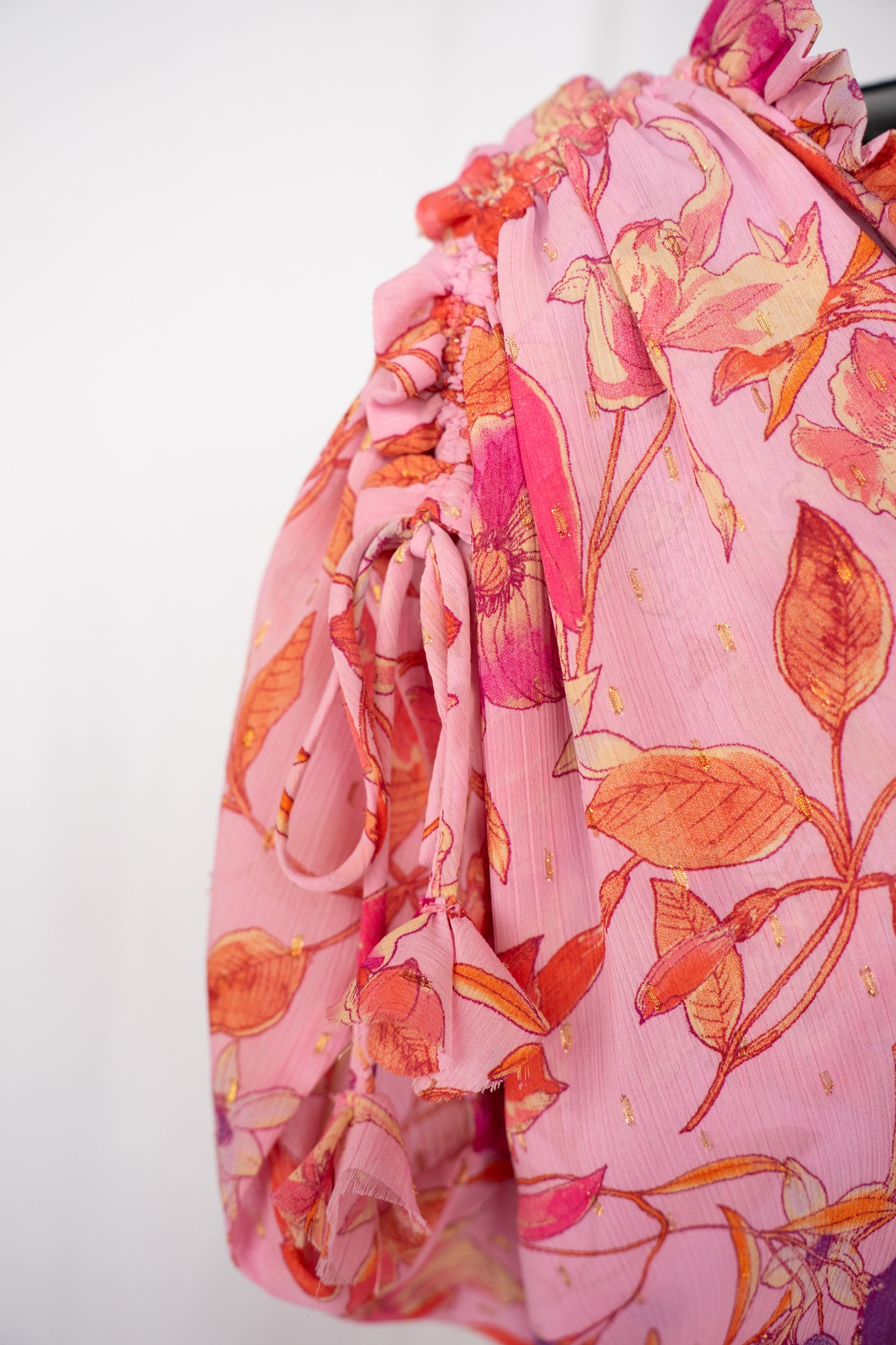 Misa Pink & Orange Floral Cap Sleeve w Ties Smocked Waist Mini Dress w Tie-Neck NWT