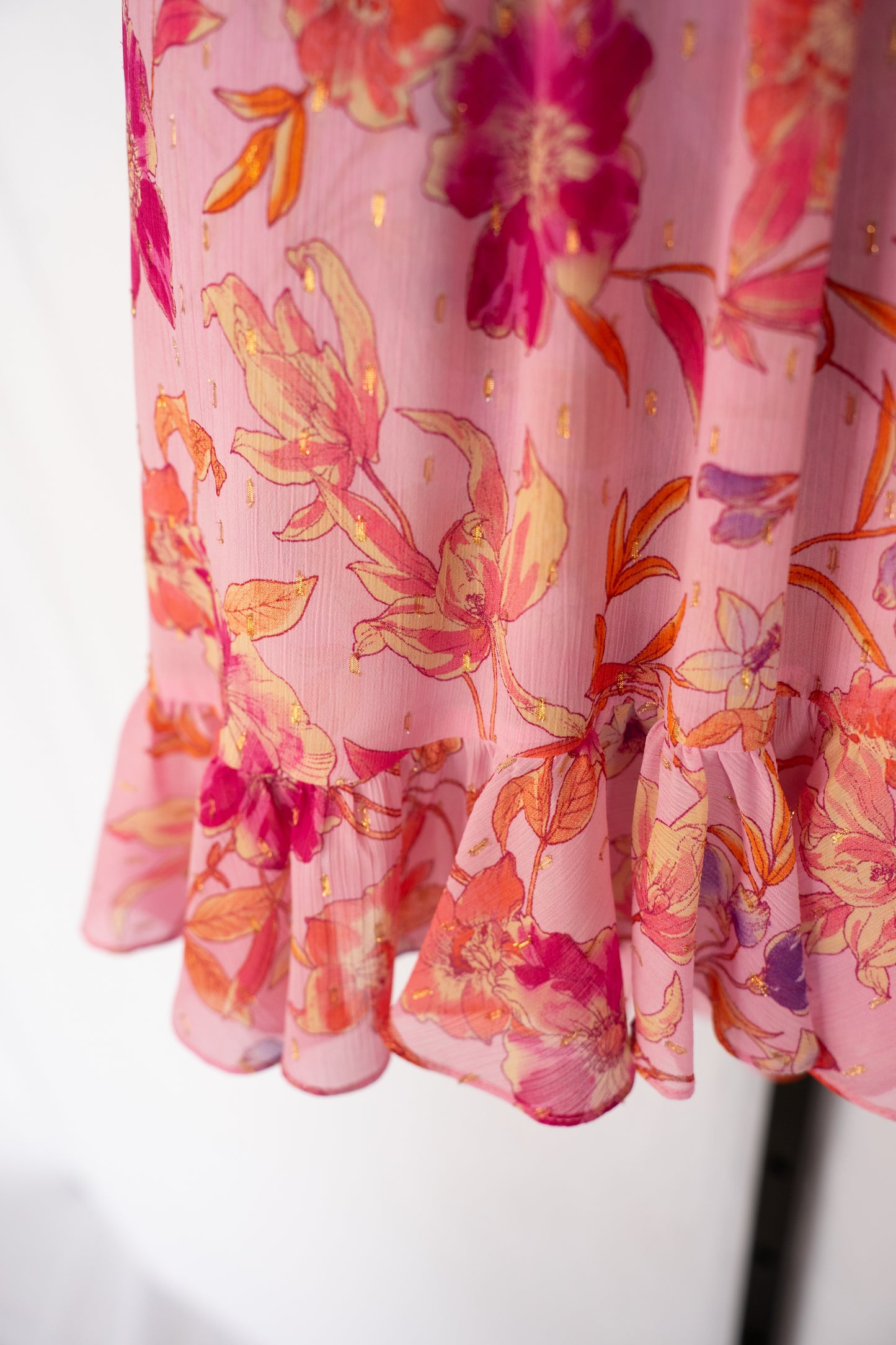 Misa Pink & Orange Floral Cap Sleeve w Ties Smocked Waist Mini Dress w Tie-Neck NWT