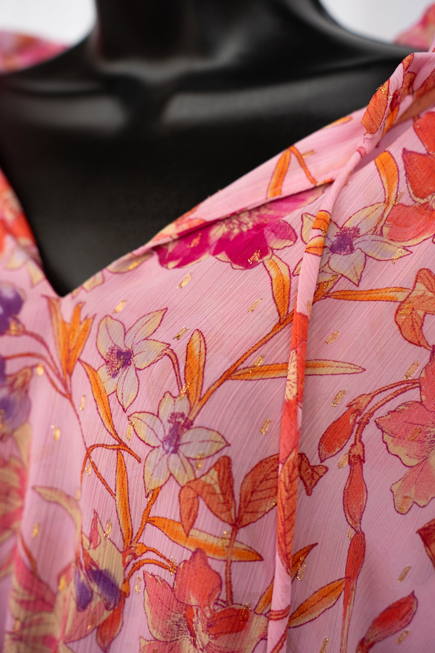 Misa Pink & Orange Floral Cap Sleeve w Ties Smocked Waist Mini Dress w Tie-Neck NWT