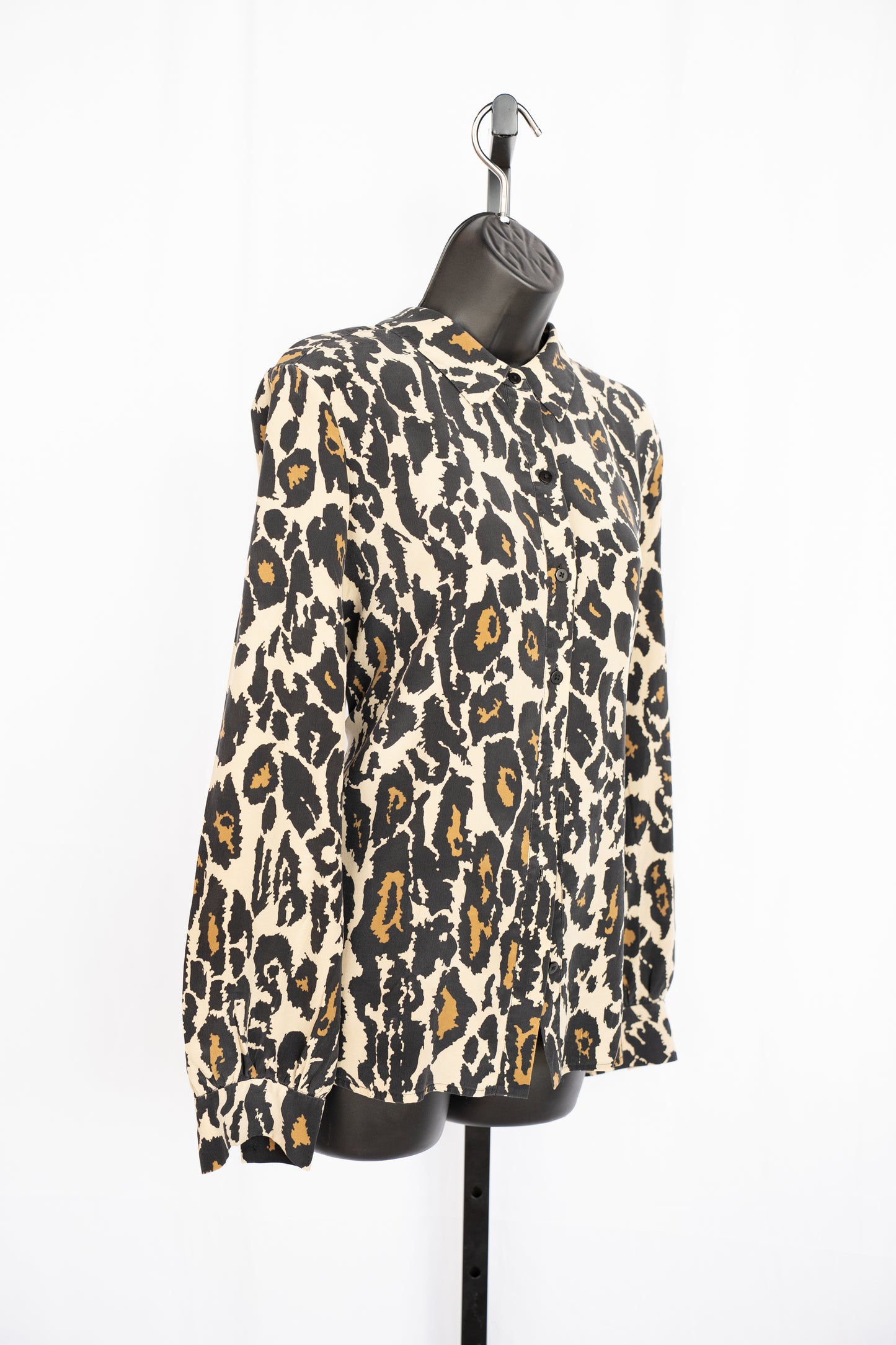 Diane Von Furstenberg Silk Brown & Black Leopard Print Long Sleeve Button Up Blouse