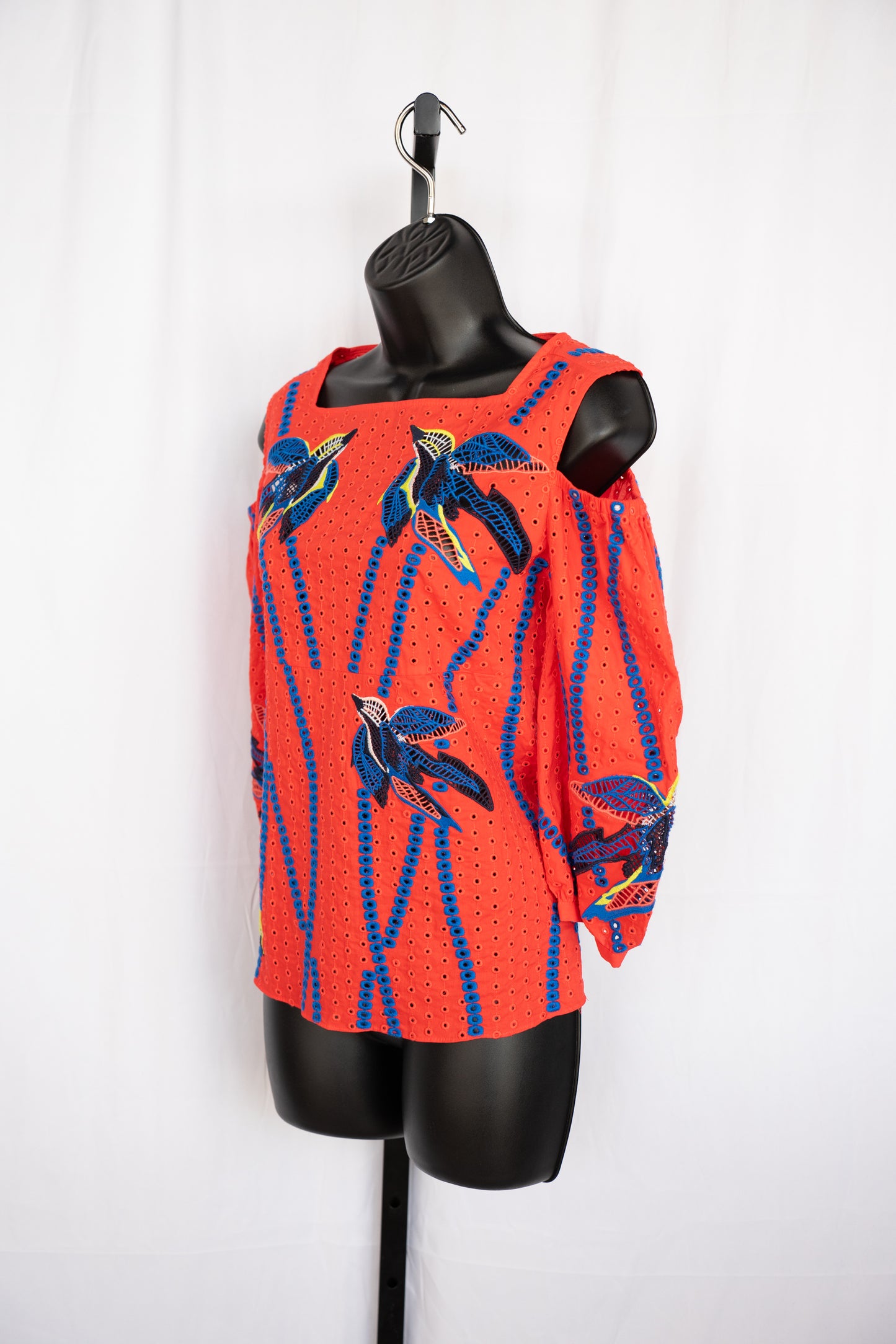 Tanya Taylor Red Eyelet Embroidered Cold Shoulder Top w/ Bird Details