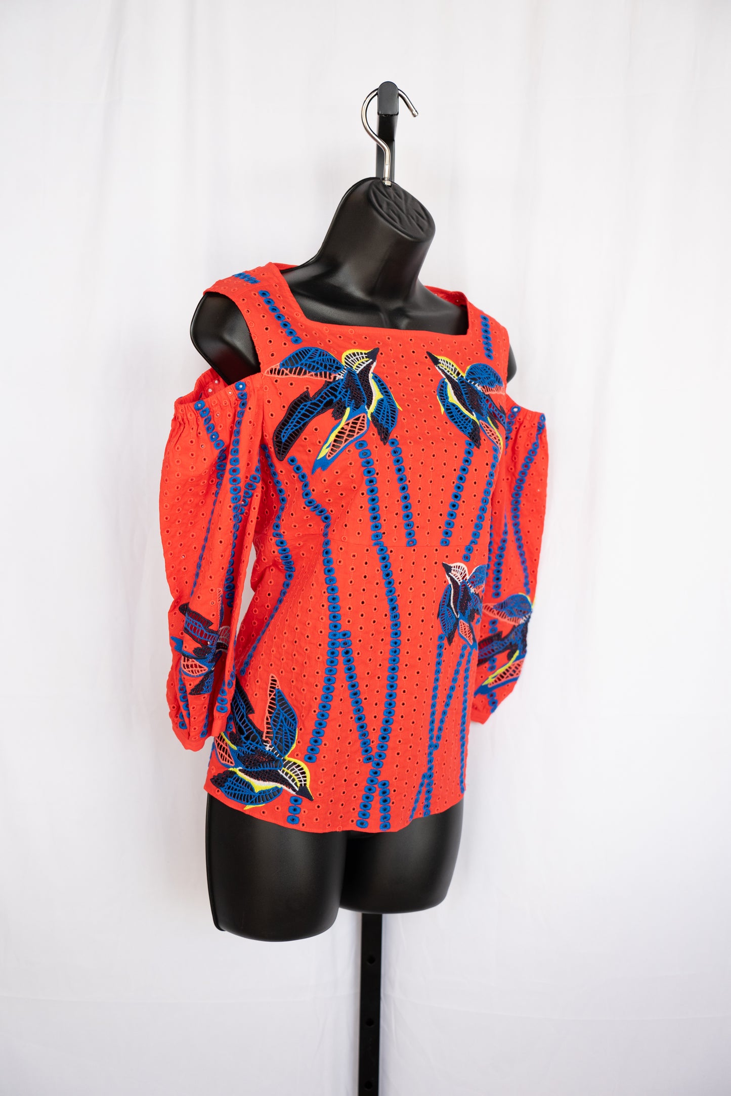 Tanya Taylor Red Eyelet Embroidered Cold Shoulder Top w/ Bird Details