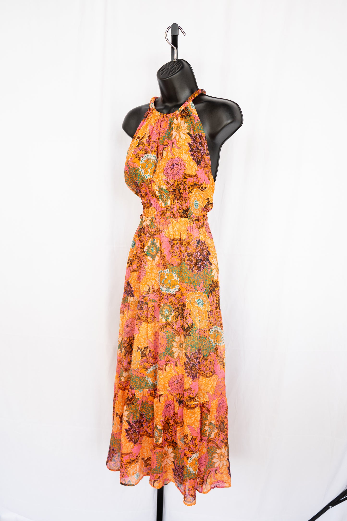 ALC Orange & Pink Floral Halter-Neck Smocked Waist Midi Dress NWT