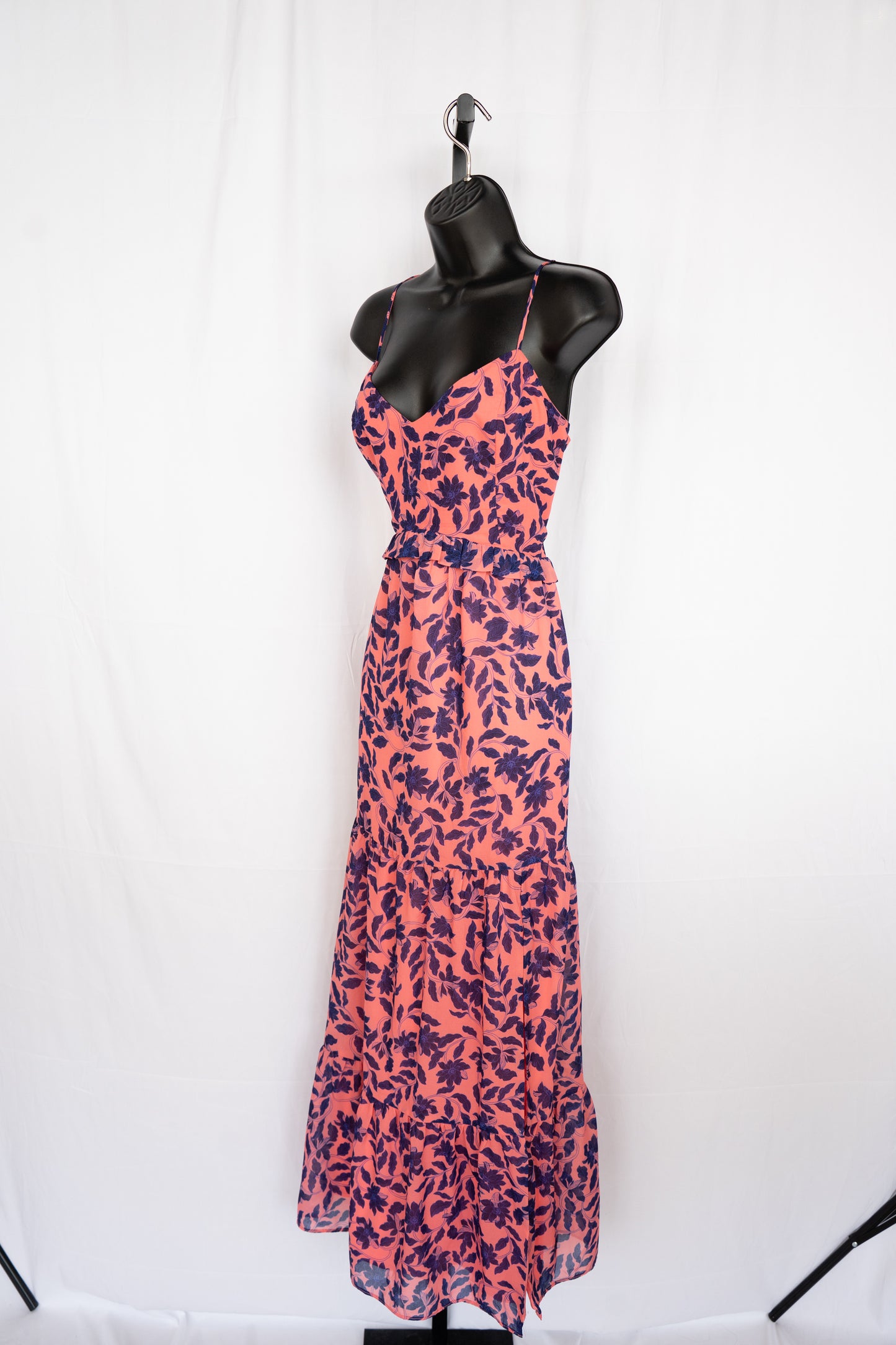 House of Harlow Light Pink & Blue Floral Sleeveless Maxi Ruffle Dress