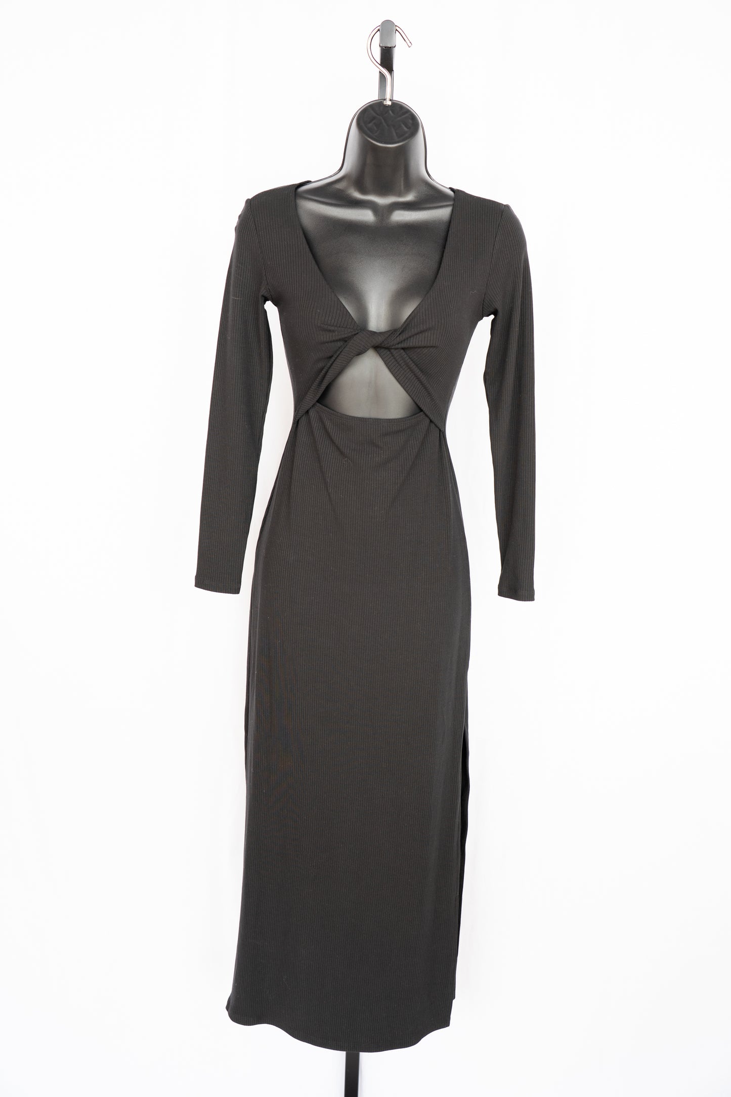 L Space Black Ribbed Long Sleeve Cut-Out Knot Detail Fitted Midi Dress