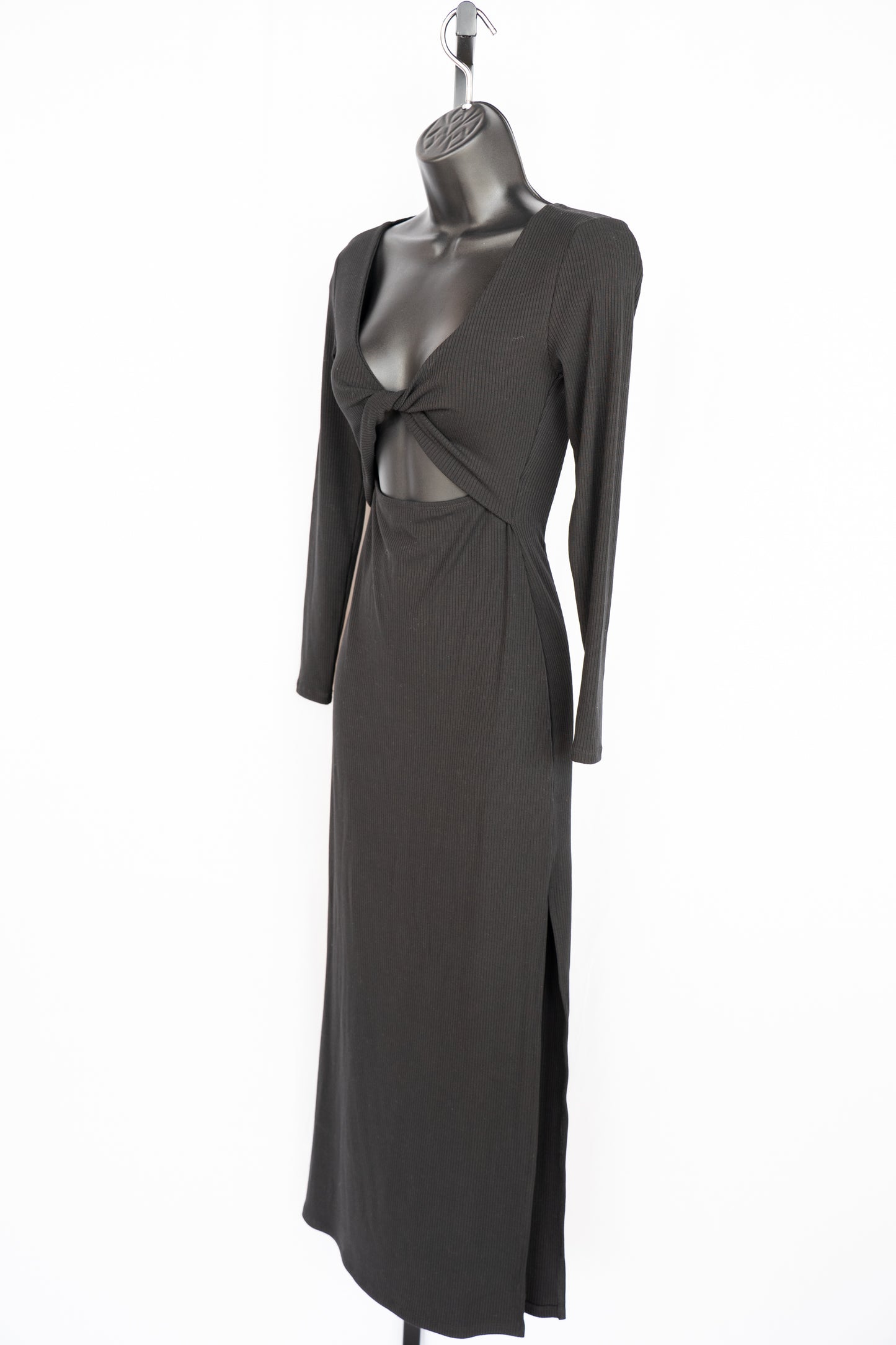 L Space Black Ribbed Long Sleeve Cut-Out Knot Detail Fitted Midi Dress