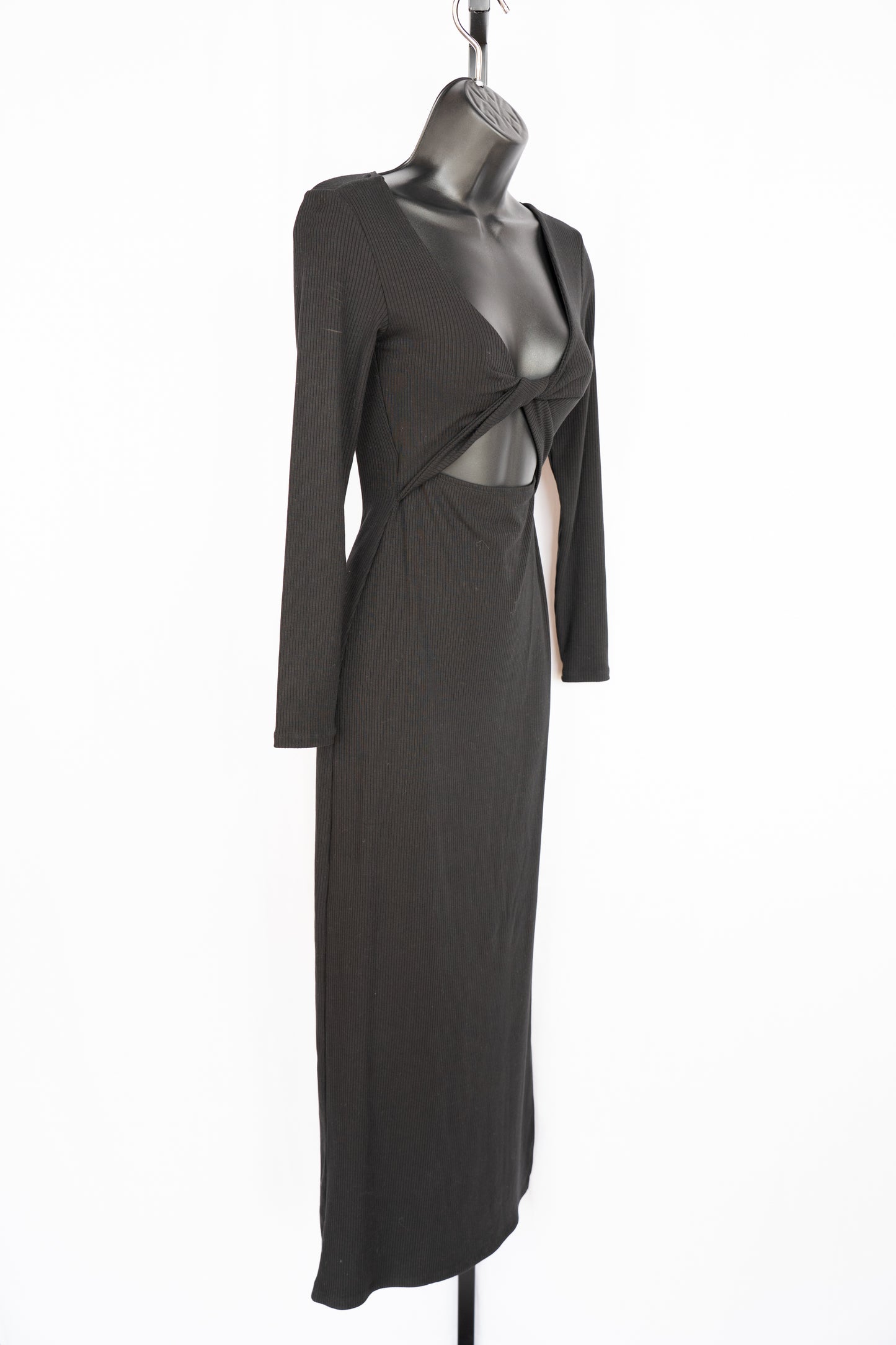 L Space Black Ribbed Long Sleeve Cut-Out Knot Detail Fitted Midi Dress
