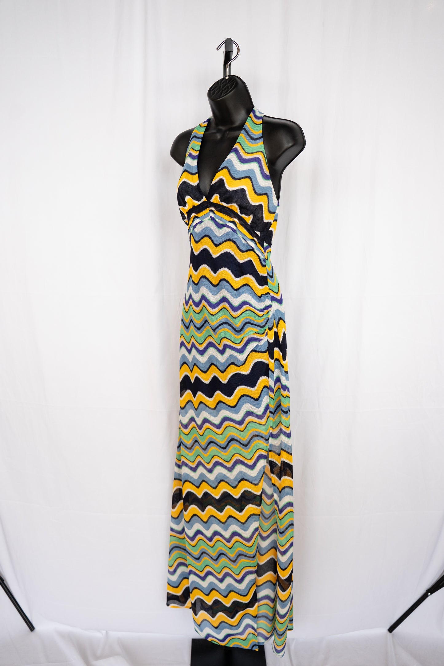 Ramy Brook Blue Green Yellow Wave Print Halter-Neck Maxi Dress NWT