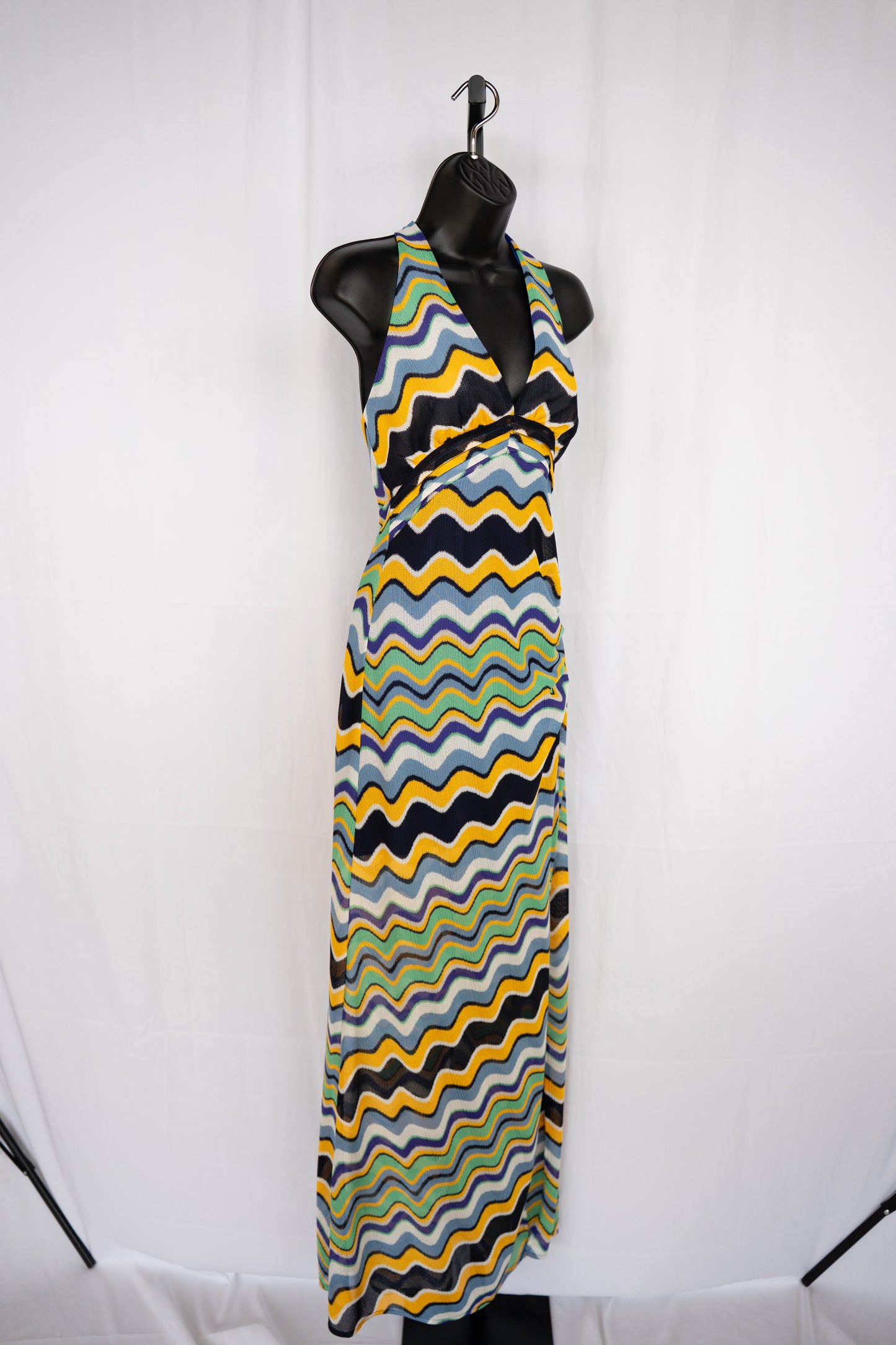 Ramy Brook Blue Green Yellow Wave Print Halter-Neck Maxi Dress NWT