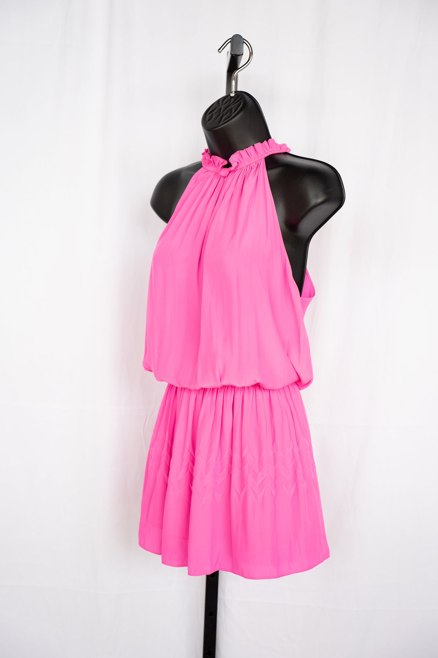 Ramy Brook Silk Hot Pink Halter-Neck Smocked Mini Dress w Zig-Zag Detail