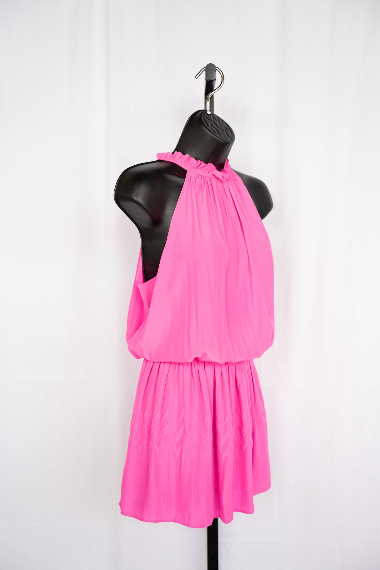 Ramy Brook Silk Hot Pink Halter-Neck Smocked Mini Dress w Zig-Zag Detail
