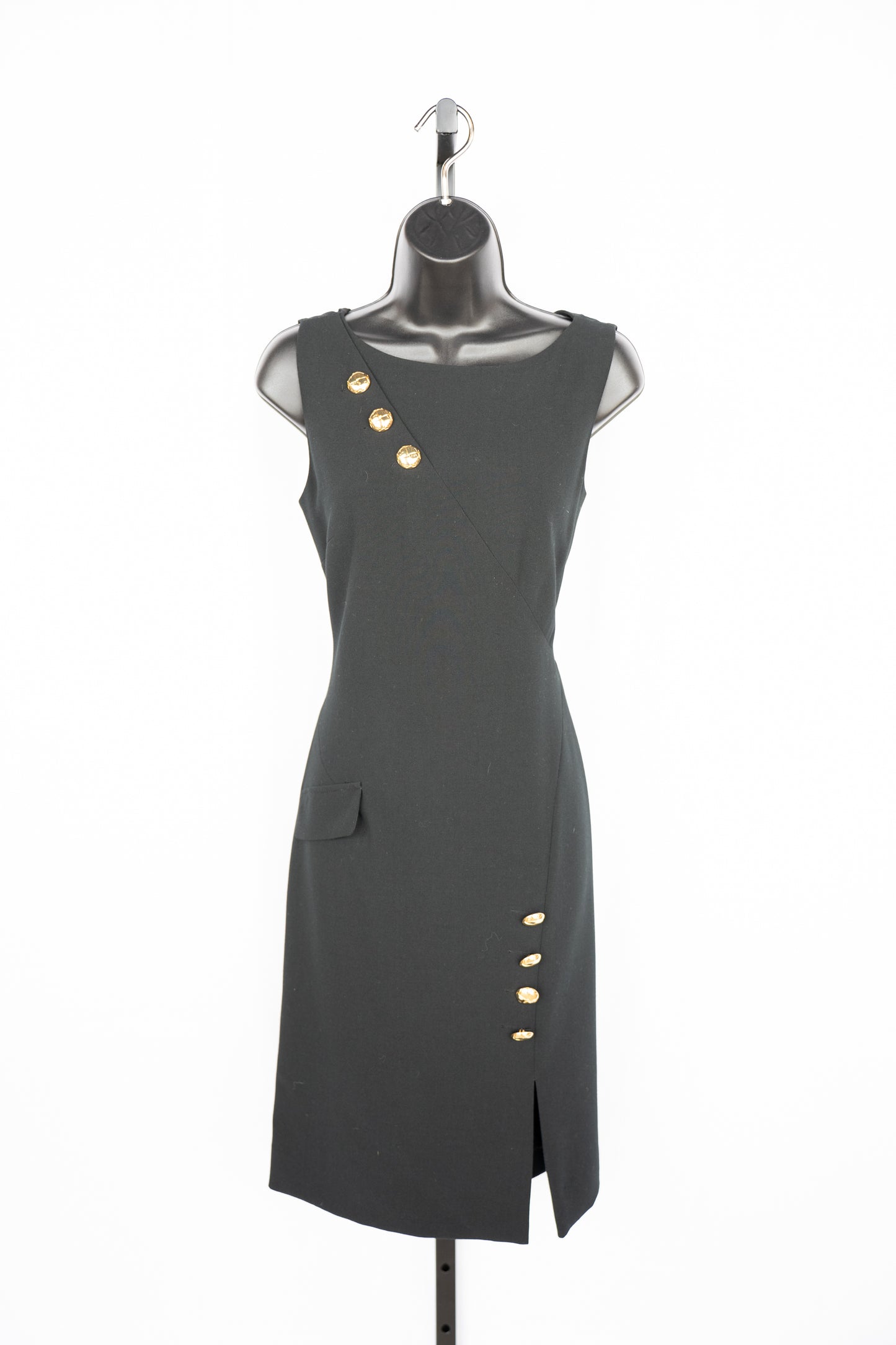 Tahari Black w Gold button Detail High-Neck Sleeveless Knee-Length Dress