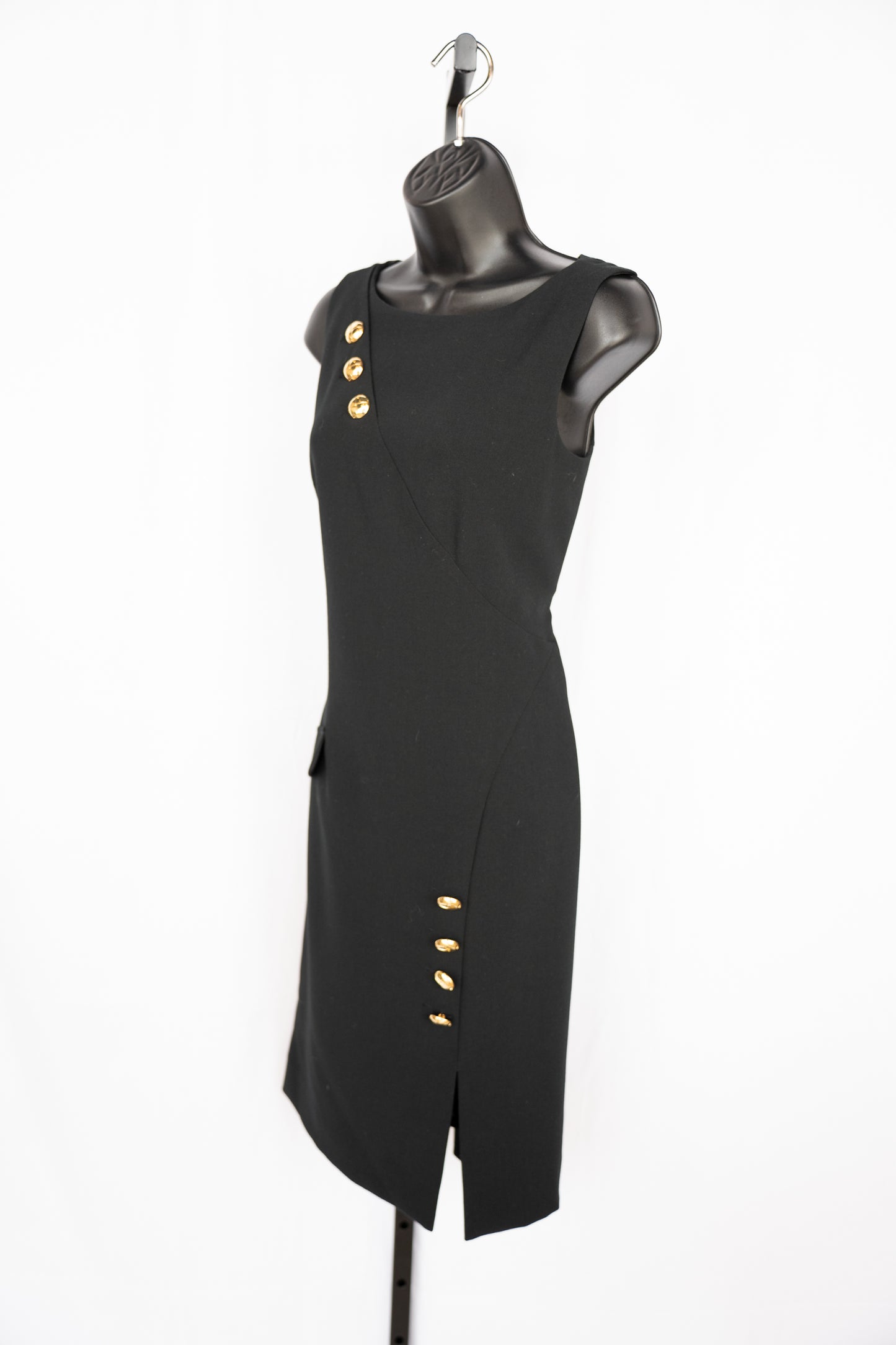 Tahari Black w Gold button Detail High-Neck Sleeveless Knee-Length Dress