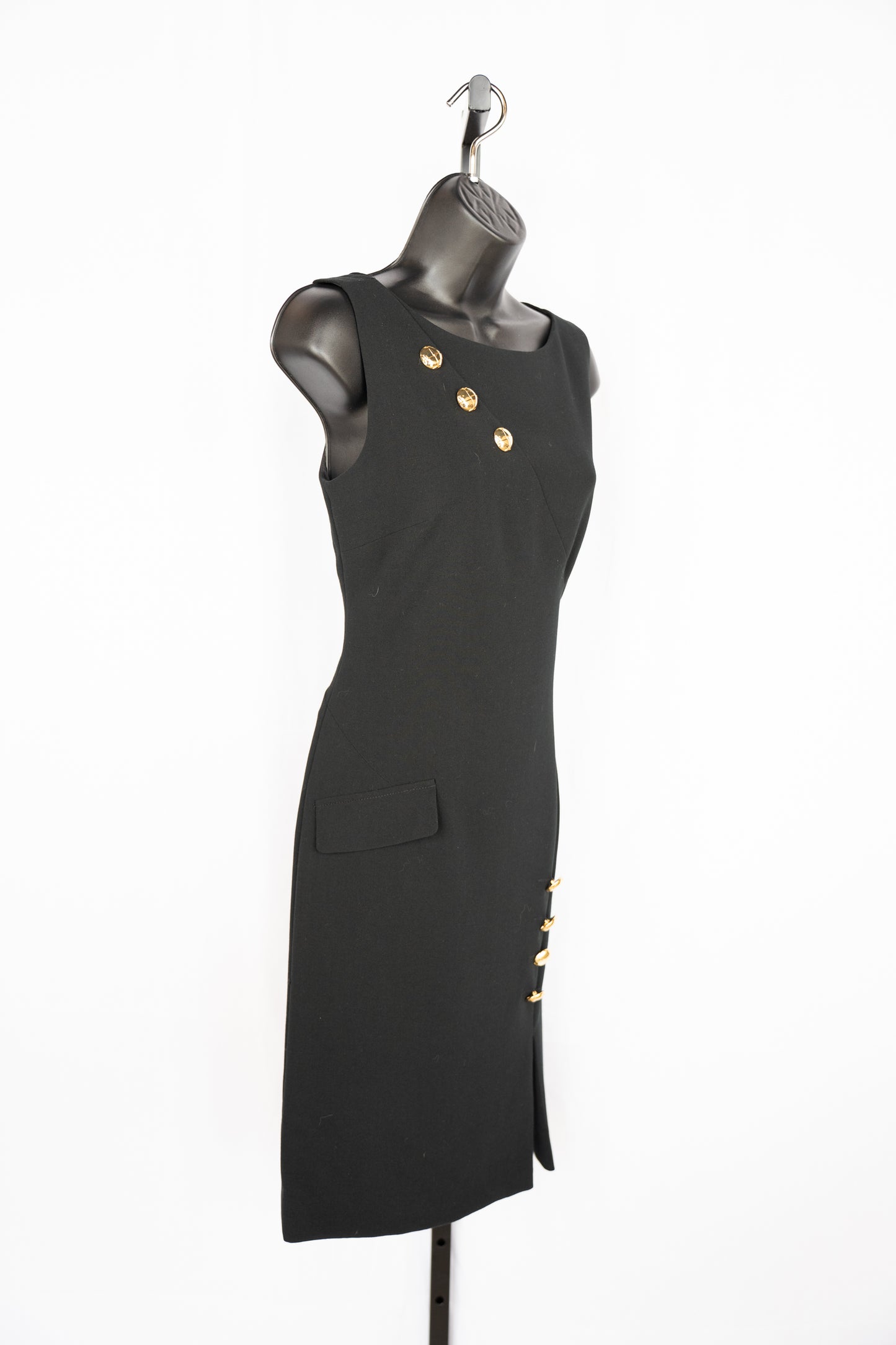Tahari Black w Gold button Detail High-Neck Sleeveless Knee-Length Dress
