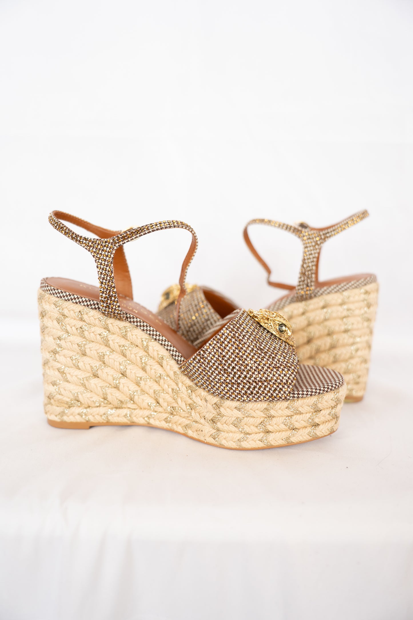 Kurt Geiger Brown Plaid w Gold Gemstone Platform Wedge Sandals