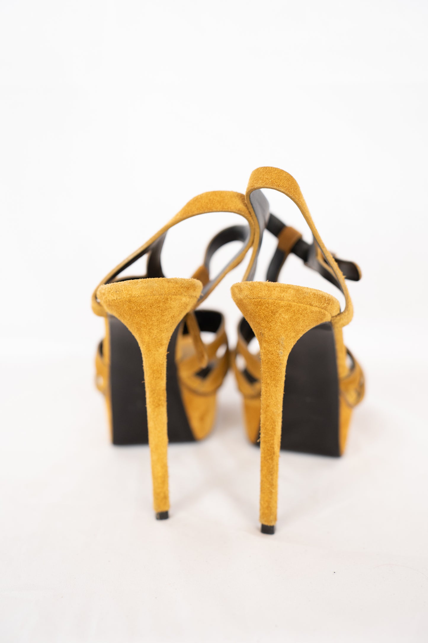 Saint Laurent Brown Suede Open Toe Strappy Ankle Buckle Heels