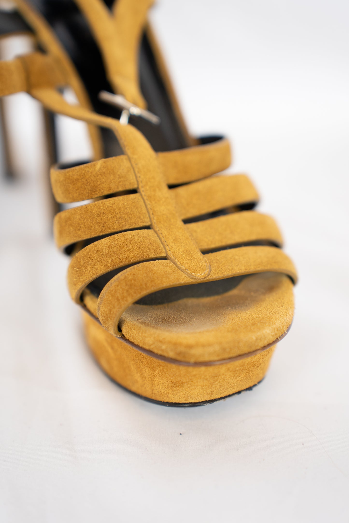 Saint Laurent Brown Suede Open Toe Strappy Ankle Buckle Heels