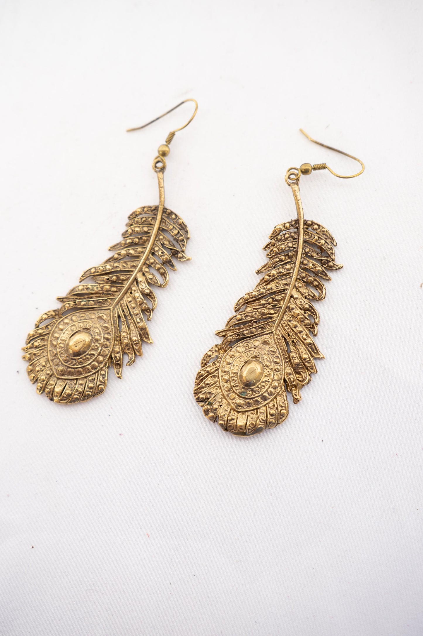 Brass Peacock Feather Dangle Earrings