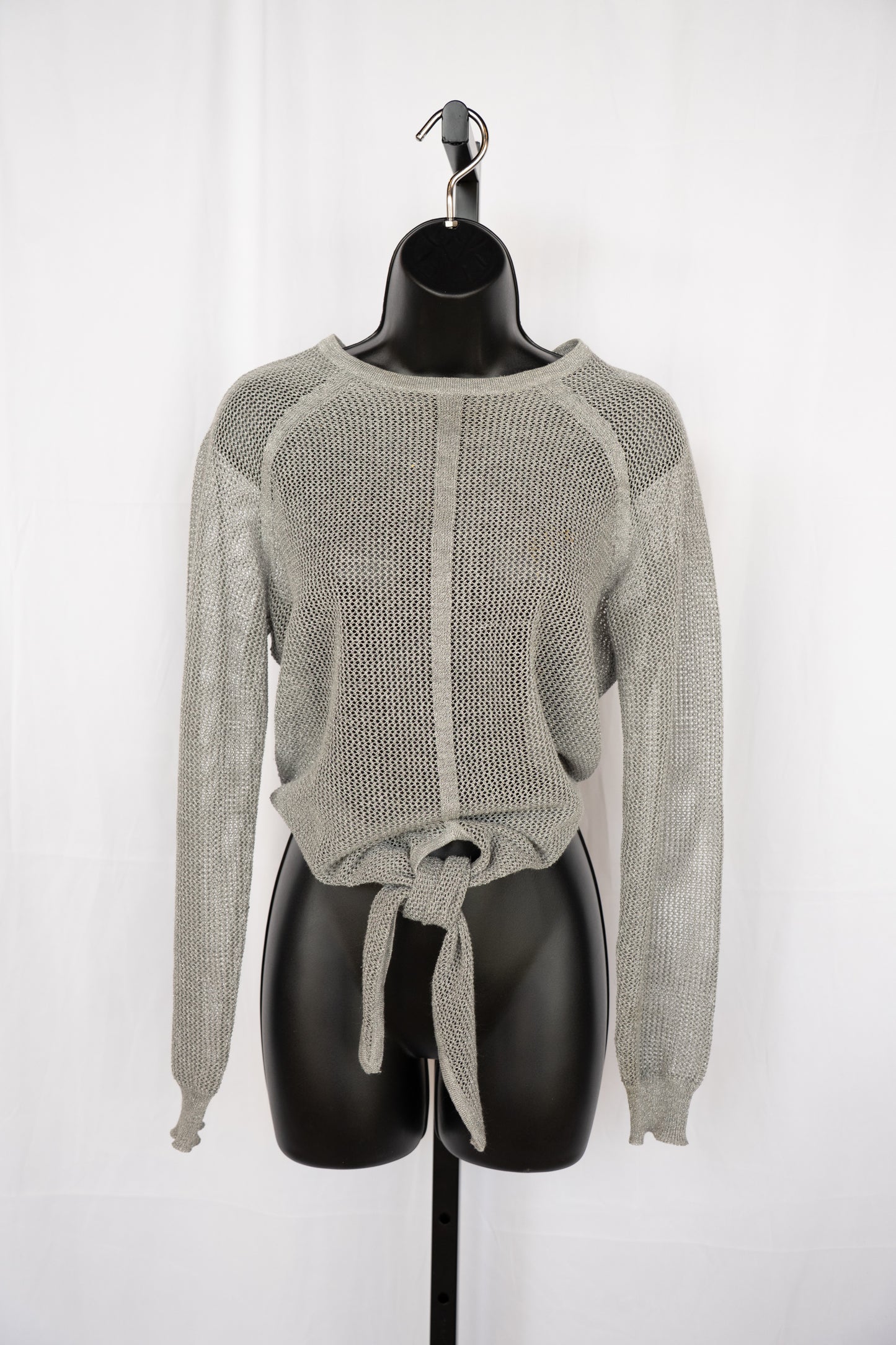 Parker Silver Sparkle Netted Knit Long Sleeve Top w Knot Tie