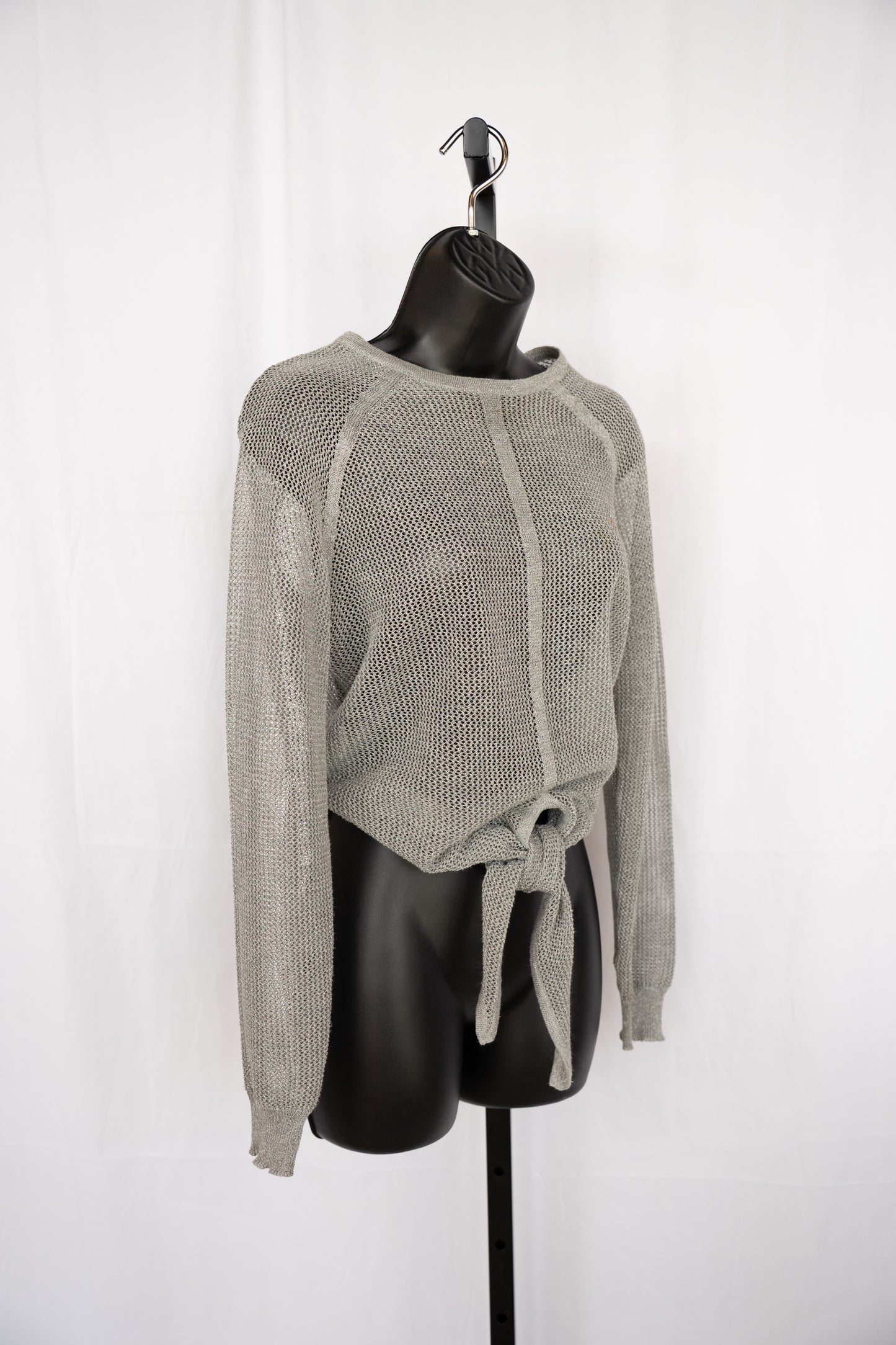 Parker Silver Sparkle Netted Knit Long Sleeve Top w Knot Tie