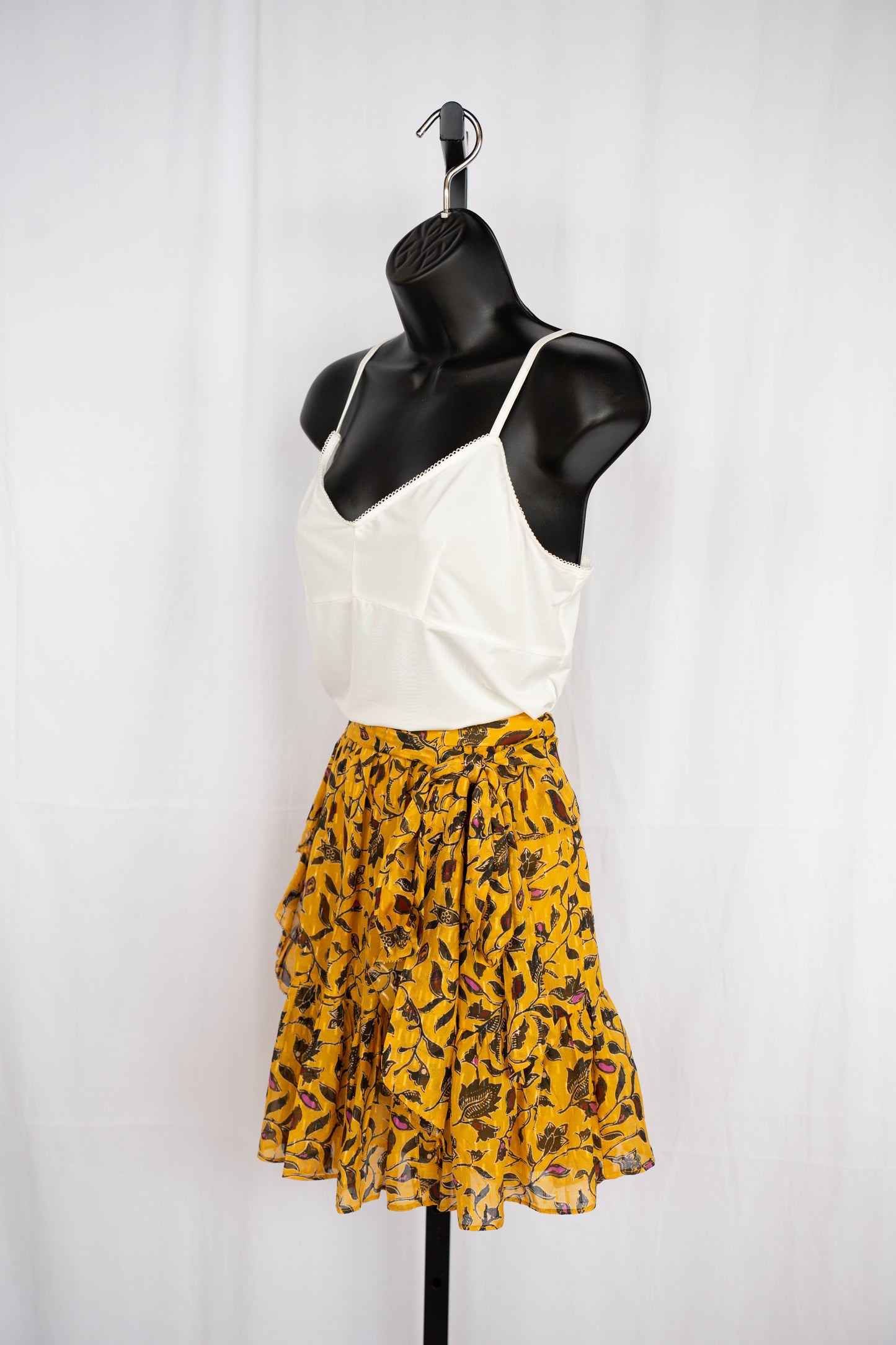 Ulla Johnson Silk Mustard Yellow & Black Floral Ruffle Mini Skirt w Waist Tie