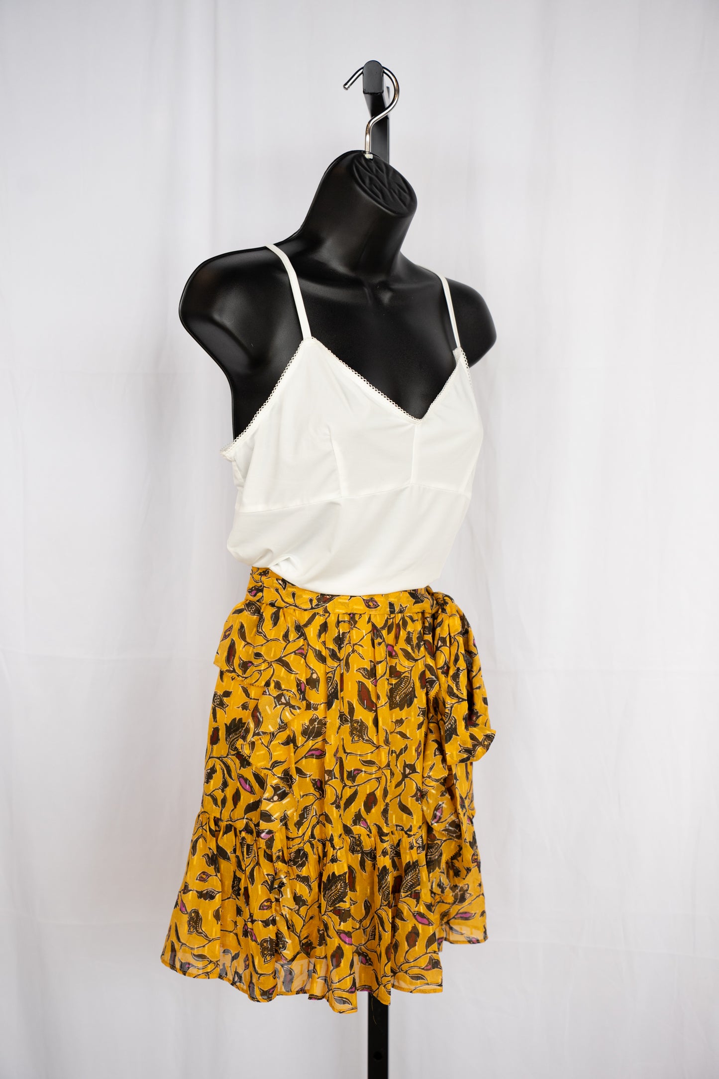 Ulla Johnson Silk Mustard Yellow & Black Floral Ruffle Mini Skirt w Waist Tie