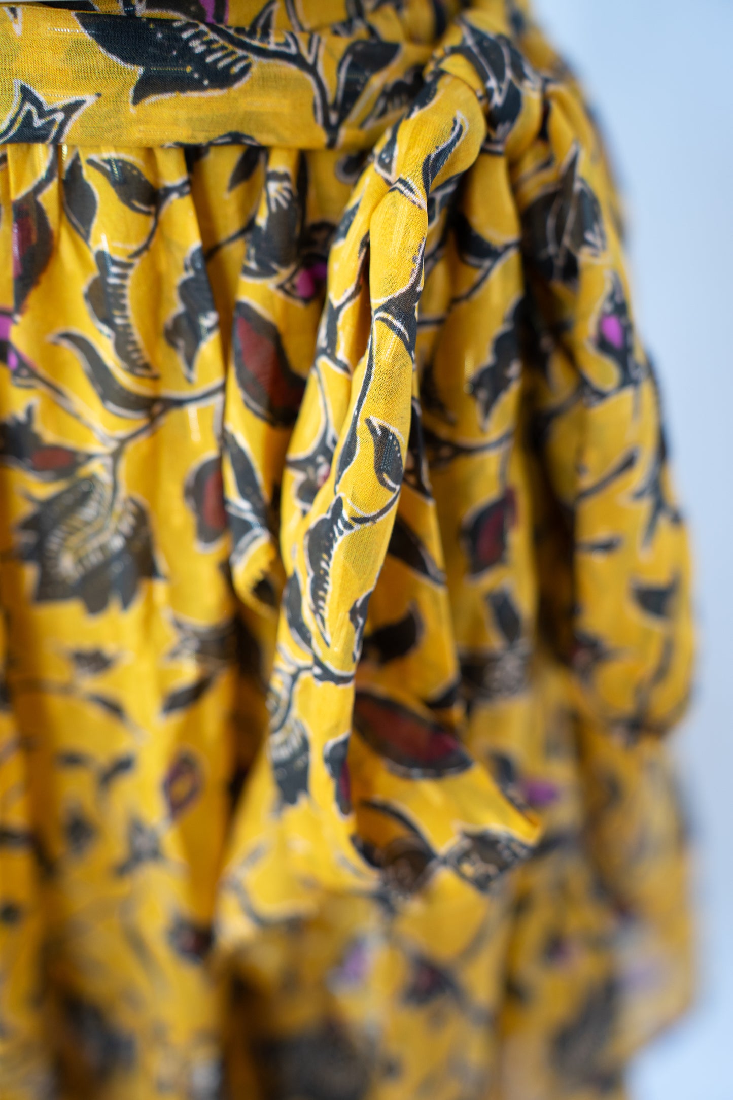 Ulla Johnson Silk Mustard Yellow & Black Floral Ruffle Mini Skirt w Waist Tie