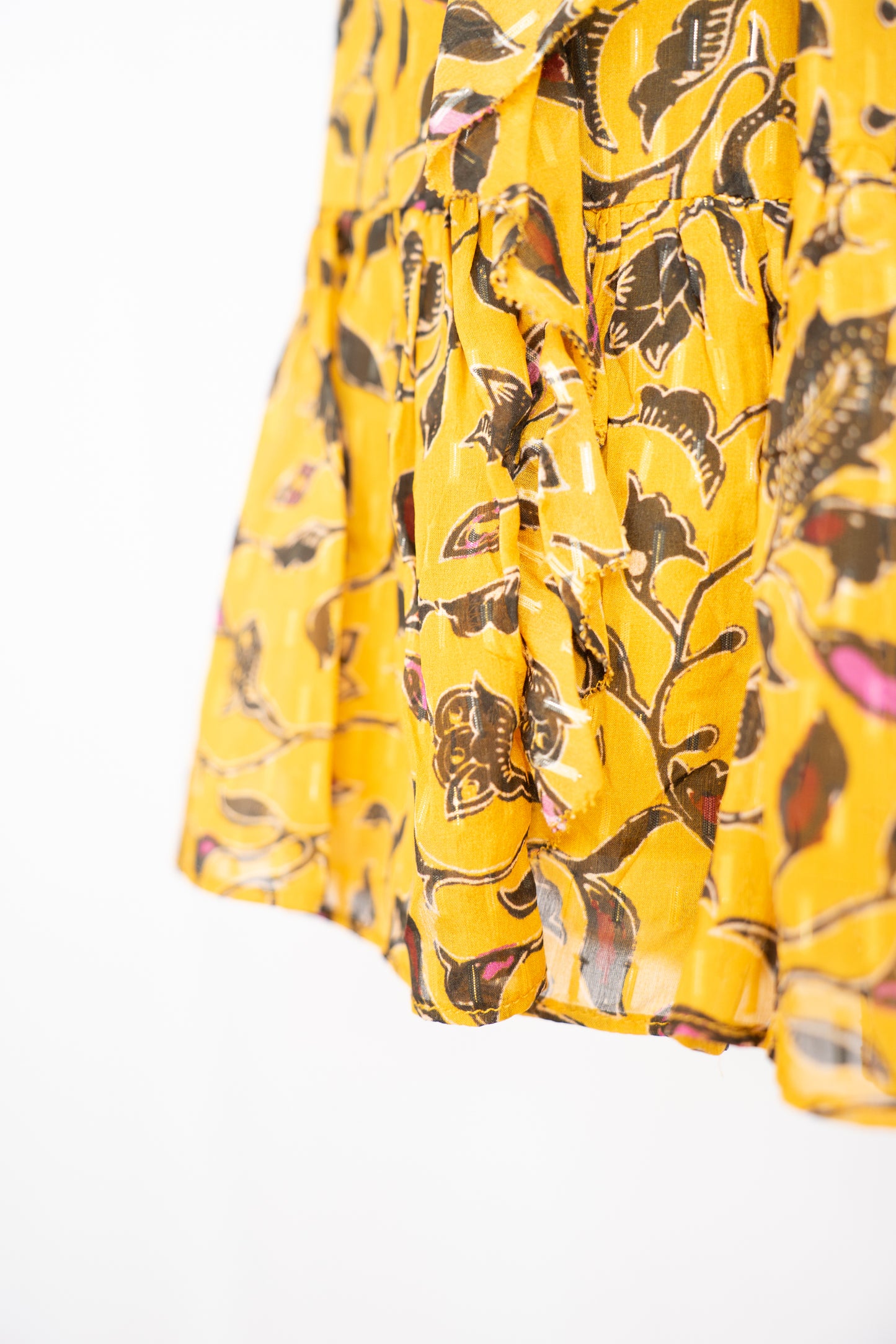 Ulla Johnson Silk Mustard Yellow & Black Floral Ruffle Mini Skirt w Waist Tie