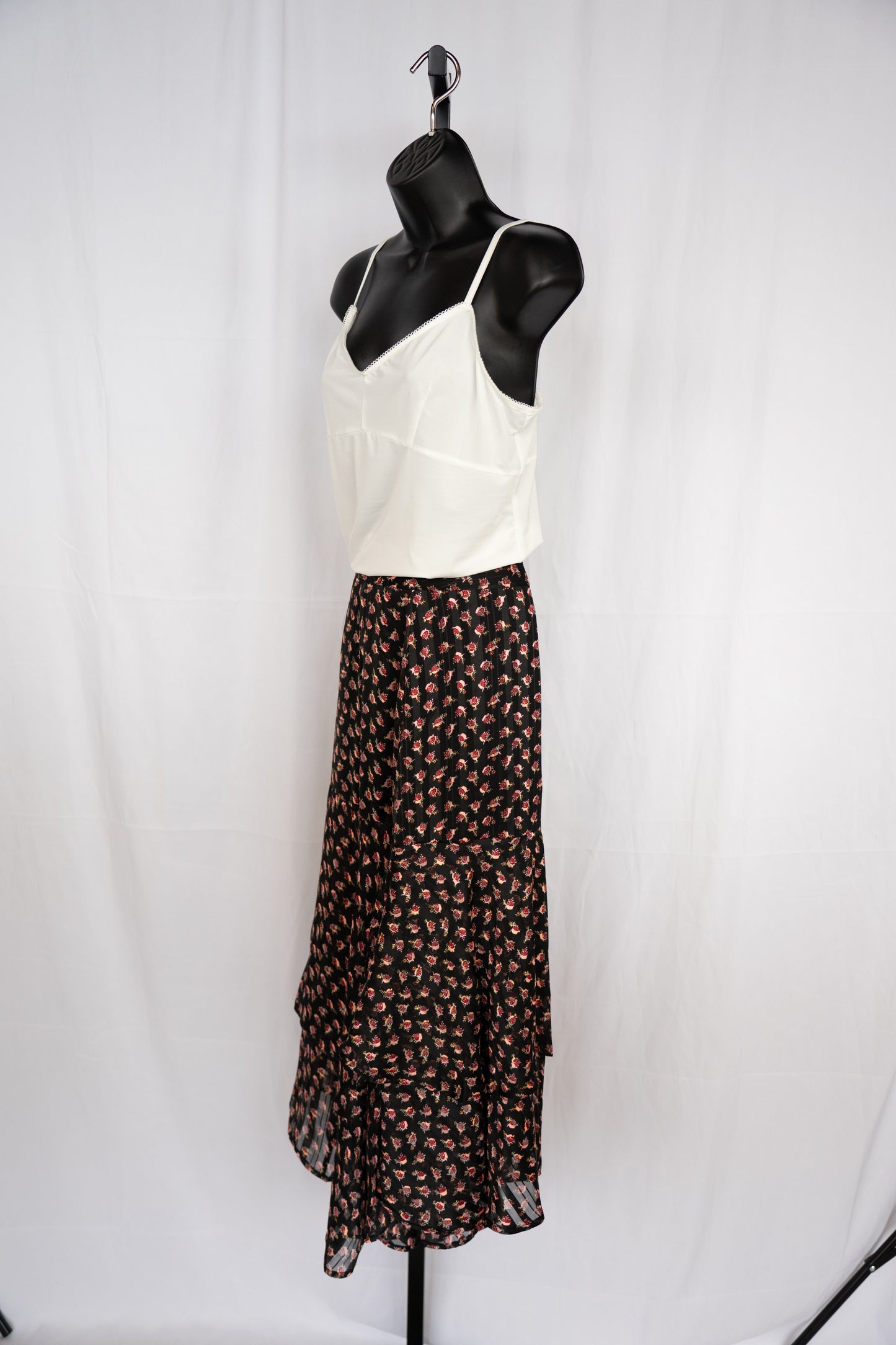 Scotch & Soda Black & Pink Floral Ruffle Hem Midi Skirt