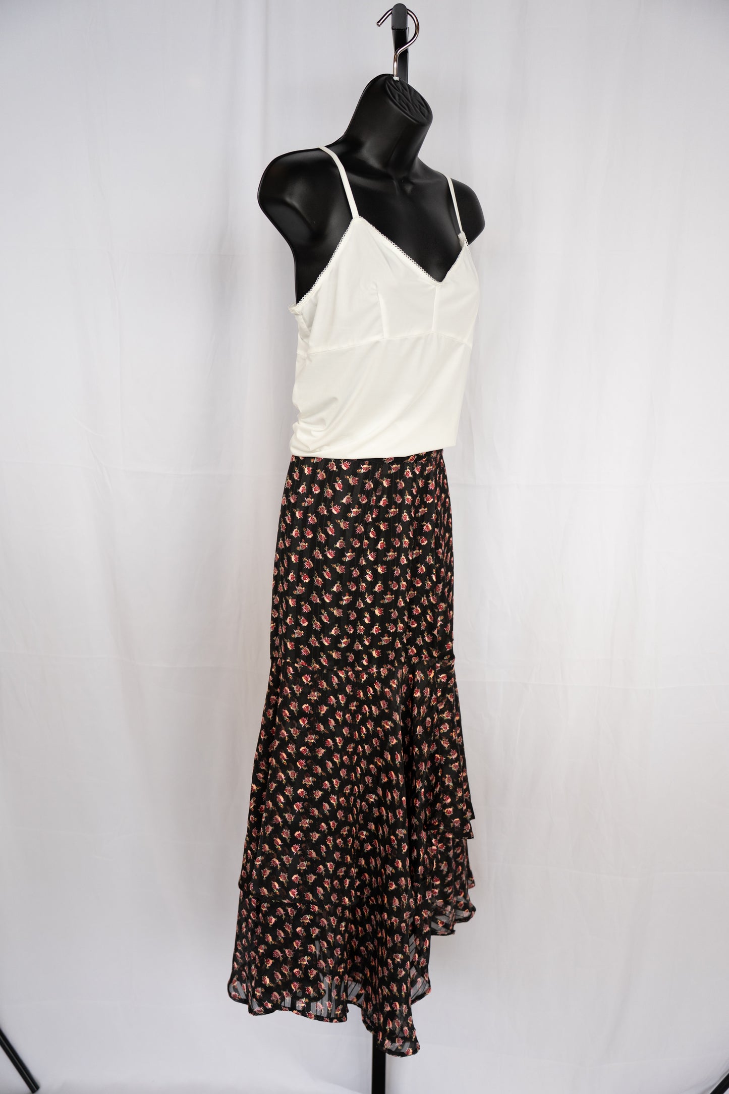 Scotch & Soda Black & Pink Floral Ruffle Hem Midi Skirt