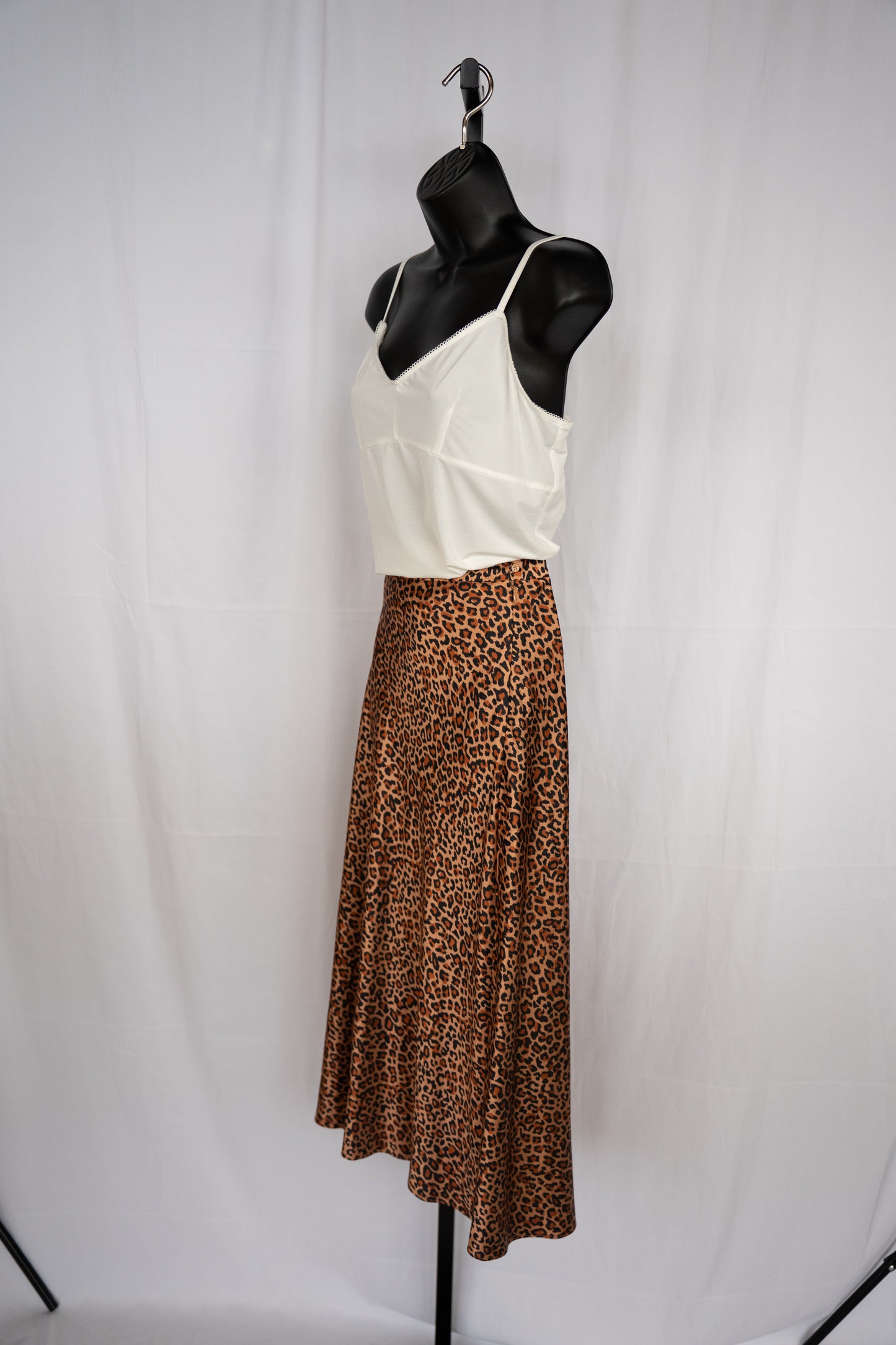 Something Navy Satin Brown Leopard Print Midi Skirt