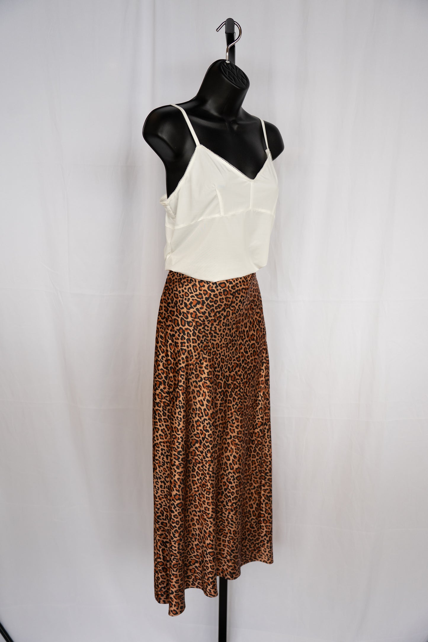 Something Navy Satin Brown Leopard Print Midi Skirt