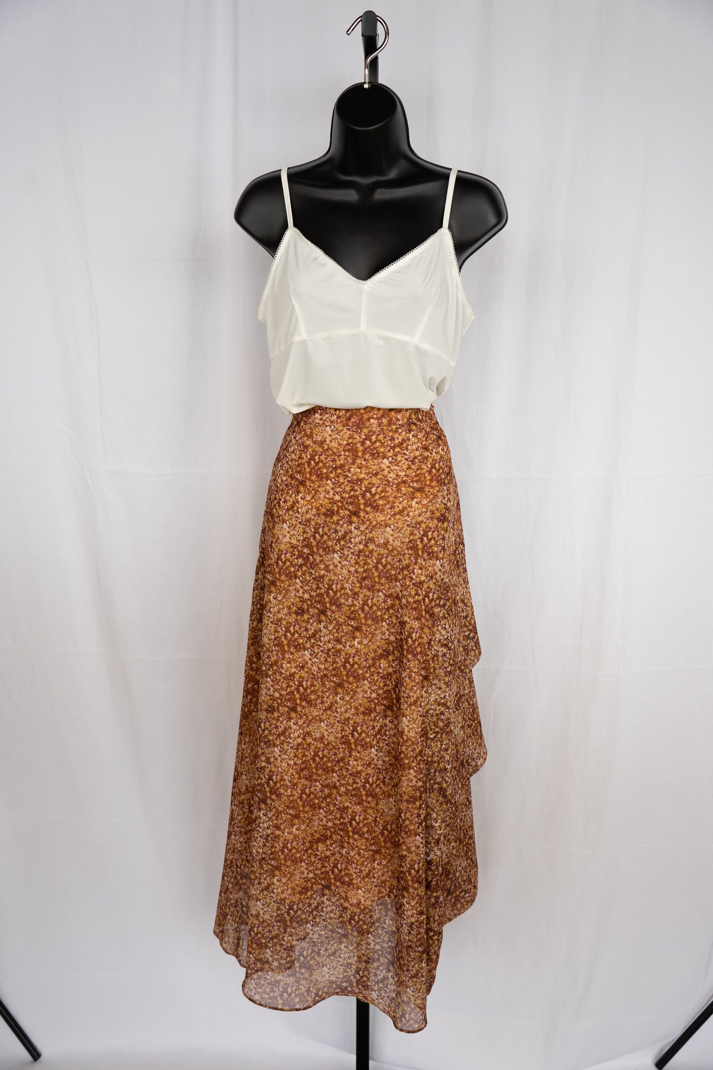All Saints Brown & Yellow Print Ruffle Hem Midi Skirt