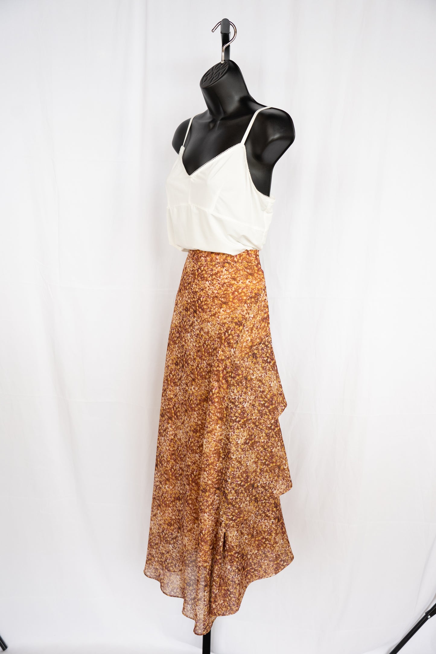 All Saints Brown & Yellow Print Ruffle Hem Midi Skirt