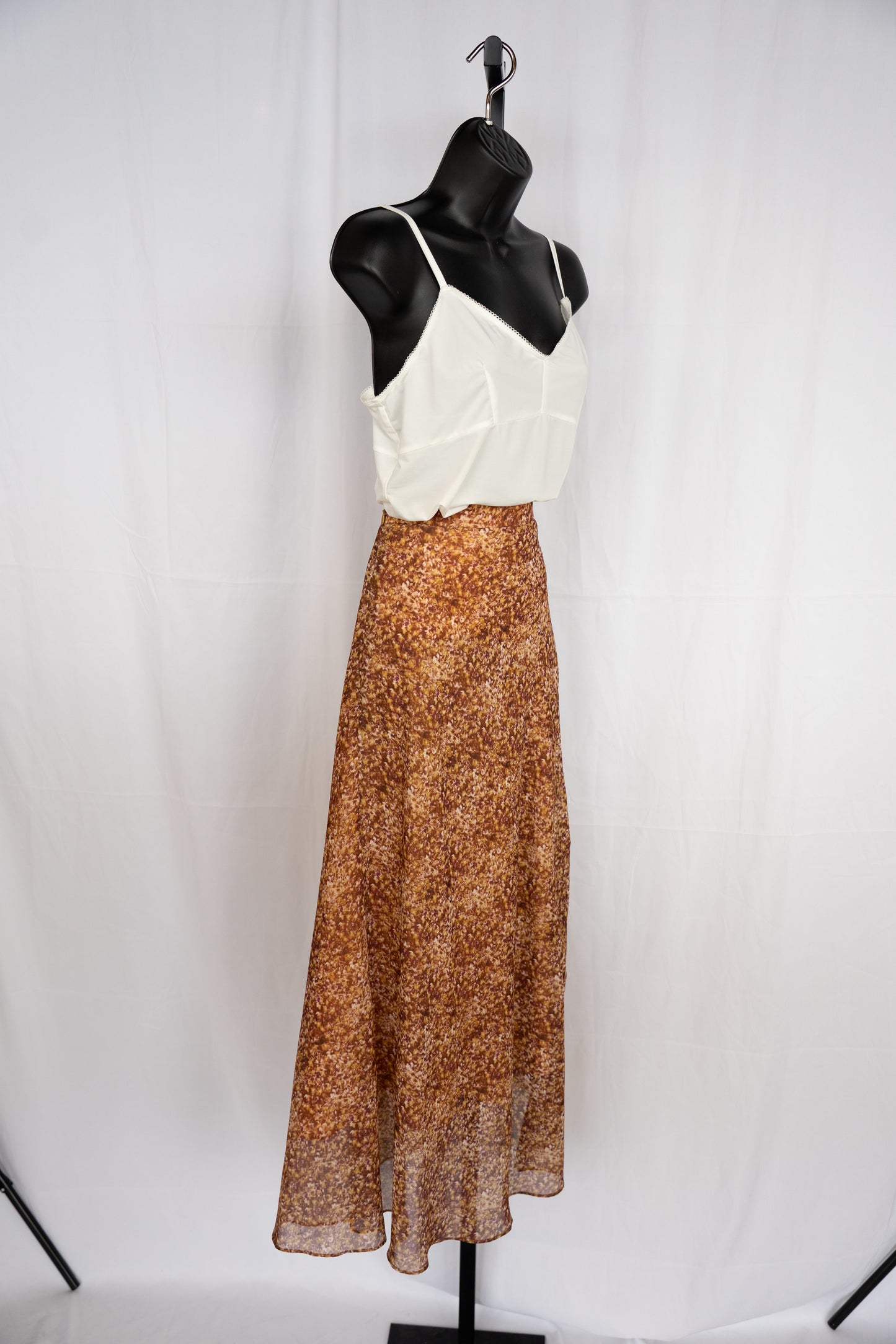 All Saints Brown & Yellow Print Ruffle Hem Midi Skirt