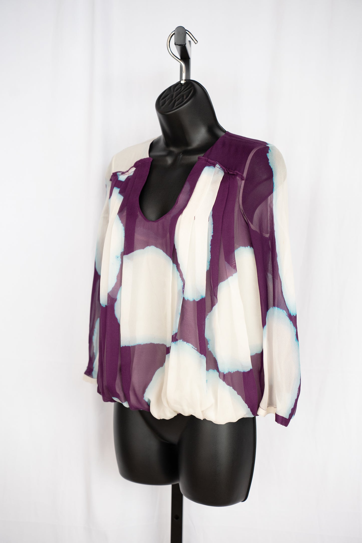 DVF Silk Purple & White Print U-Neck Long Sleeve Blouse