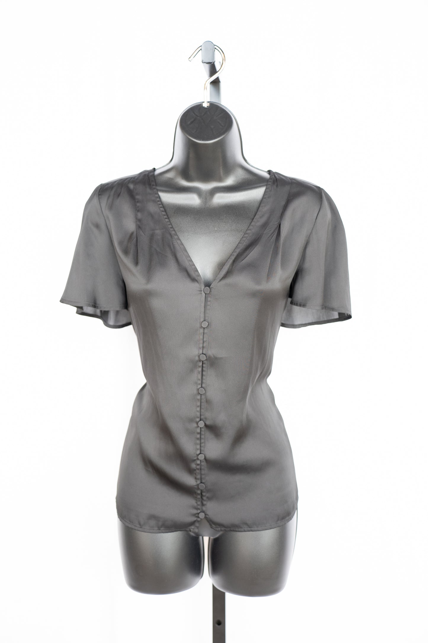 Paige Satin Black Short Flutter Sleeve Button Up Top