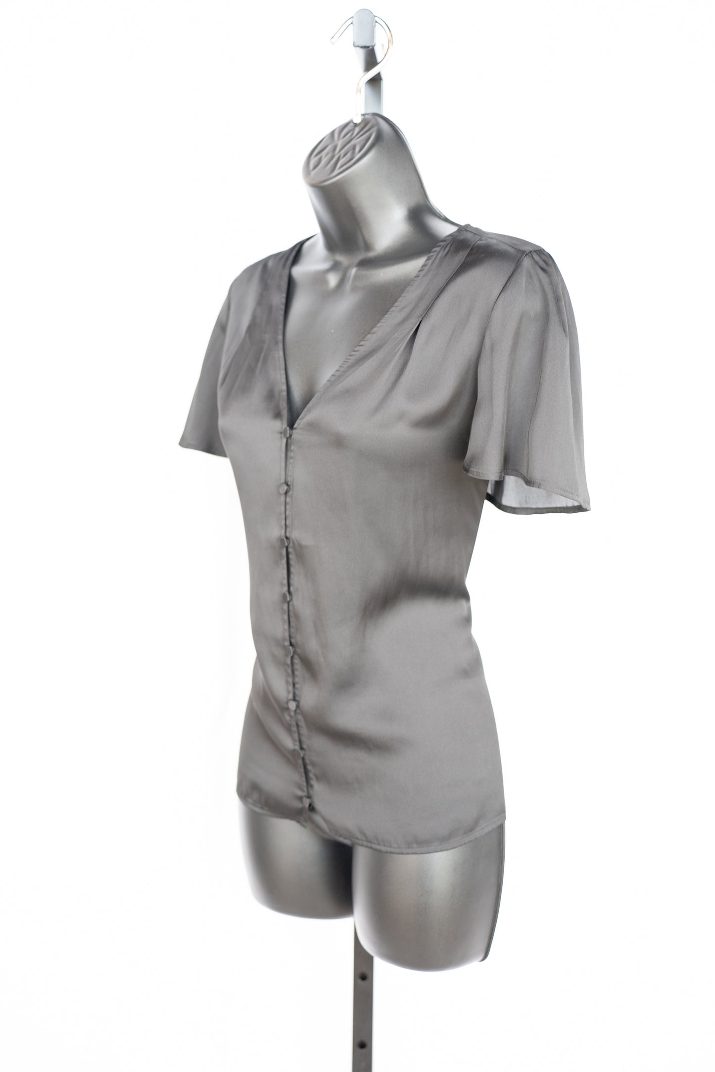 Paige Satin Black Short Flutter Sleeve Button Up Top