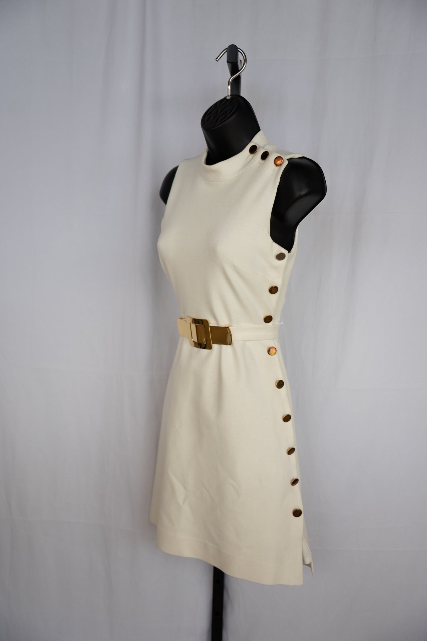 Milly White Mock Neck Sleeveless Gold Button Detail Mini Dress w Belt